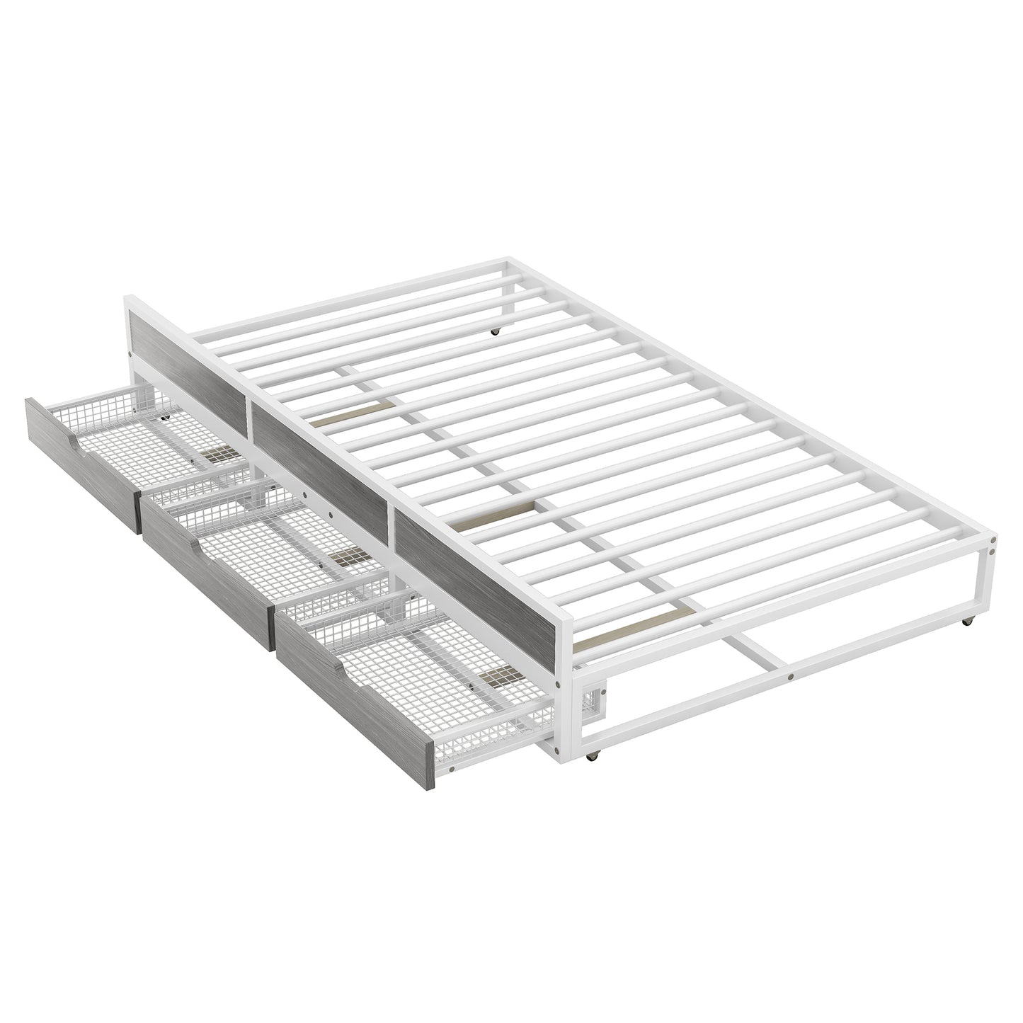 Queen Size Metal Canopy Platform Bed with Twin Size Trundle and 3 Storage Drawers, White