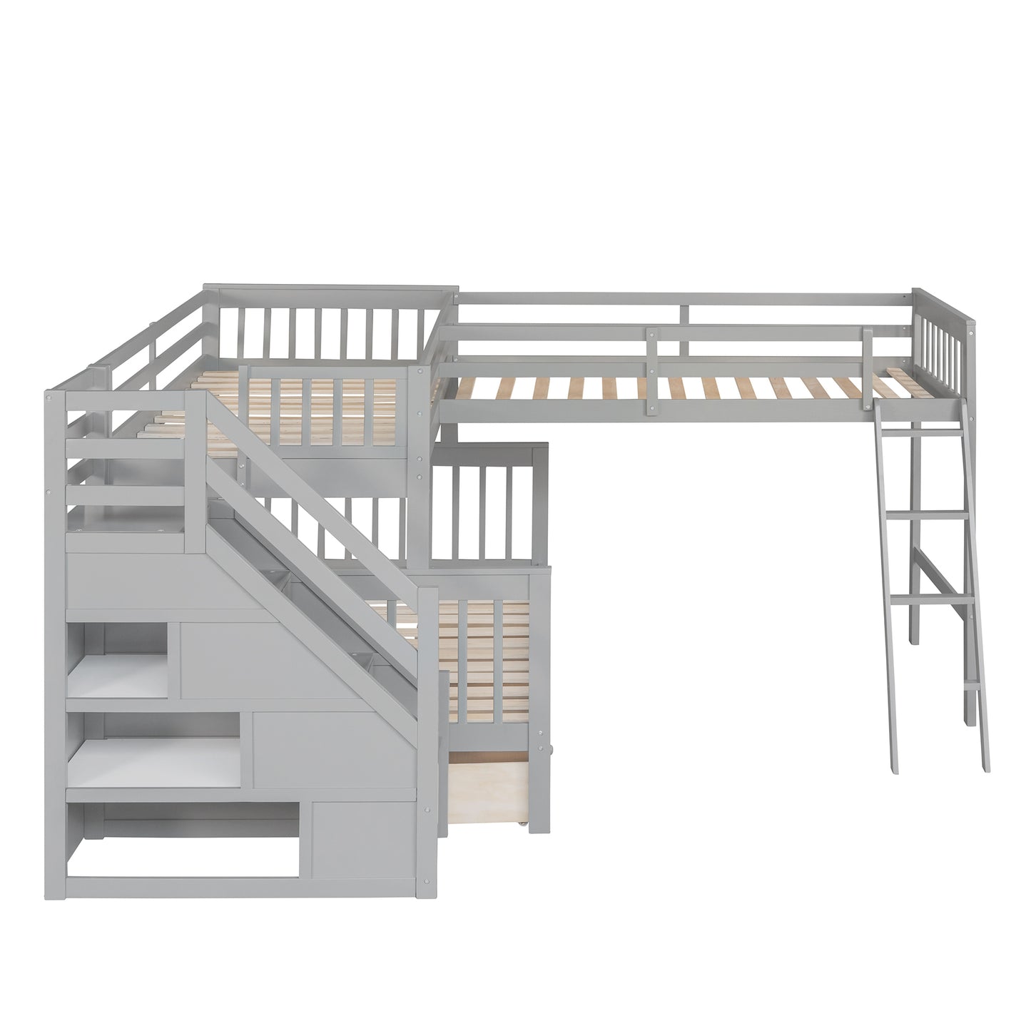 Gray Twin over Full L-Shaped Bunk Bed with Storage Drawers