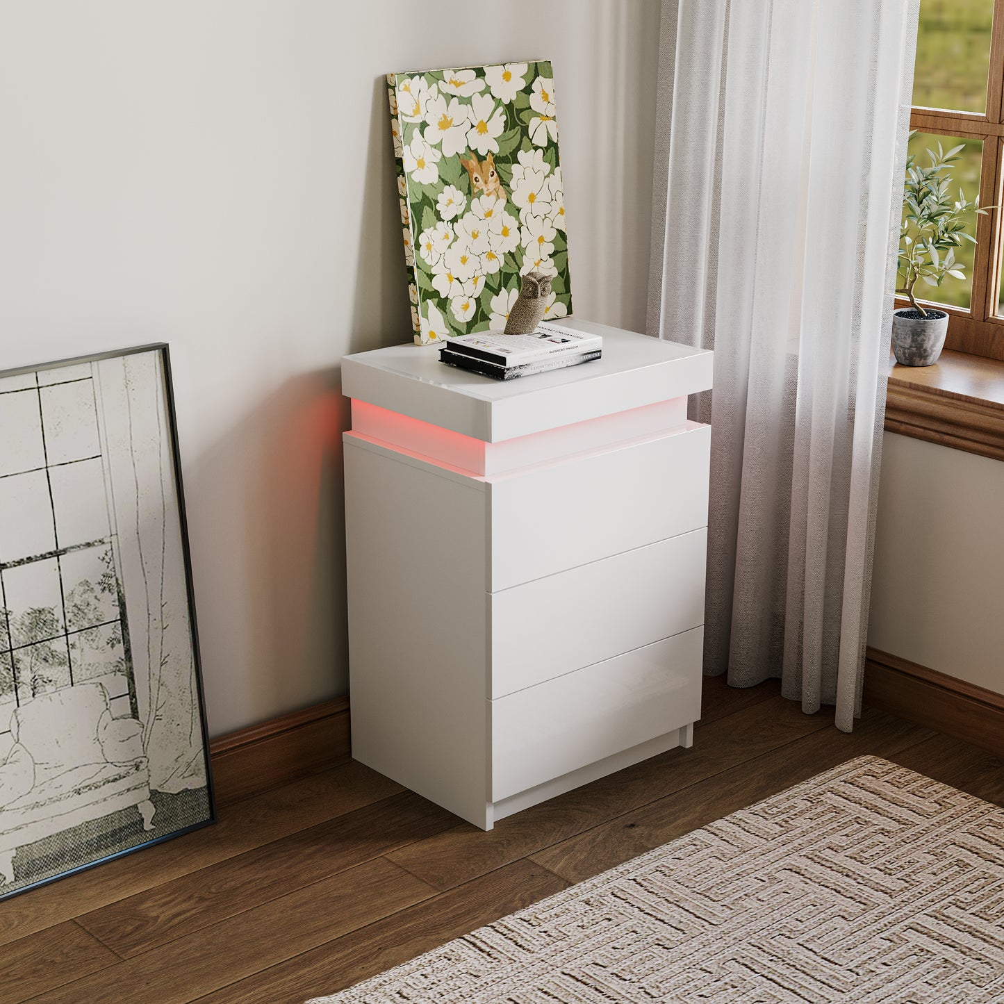 Sleek White High Gloss Nightstand with LED Lights and 3 Spacious Drawers