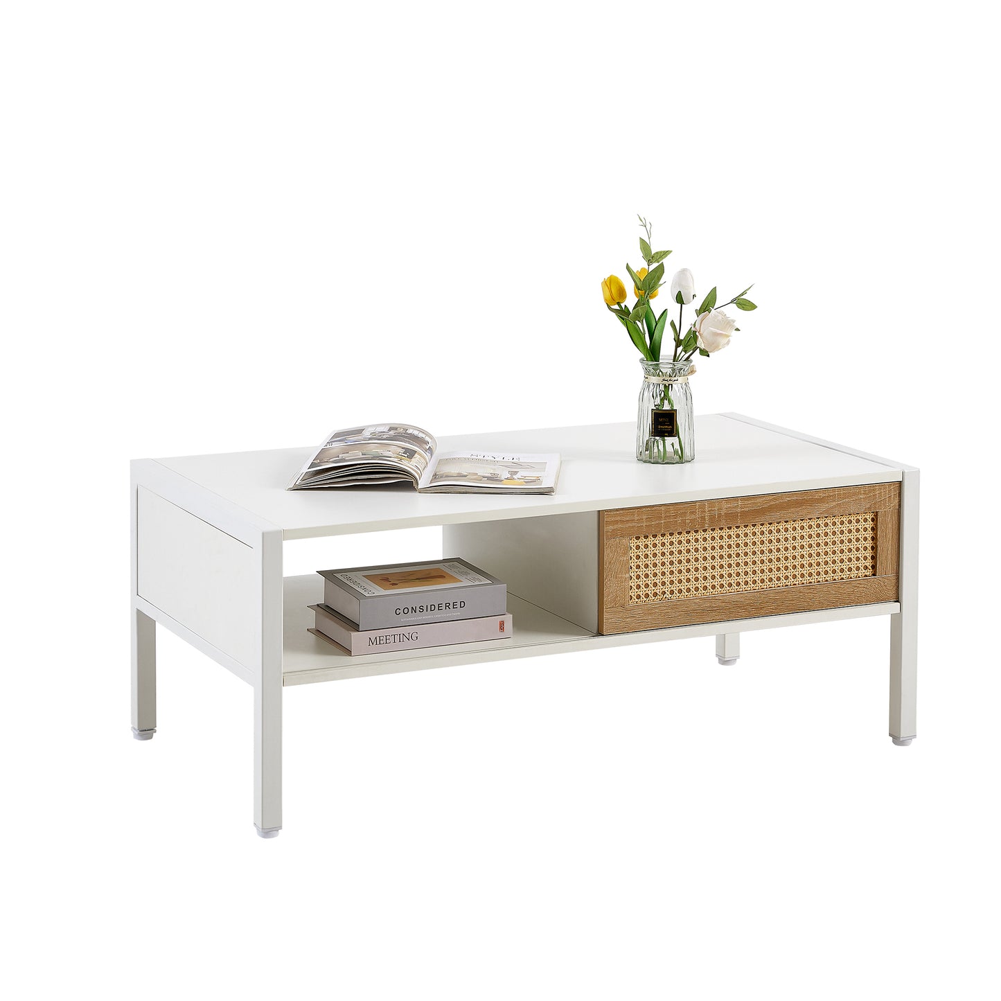 Modern White Rattan Coffee Table with Sliding Door Storage