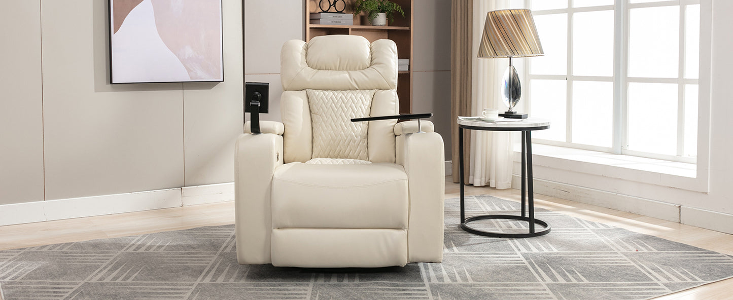 Power Recliner with Swivel, Cup Holder, USB Port, and Tray Table, White