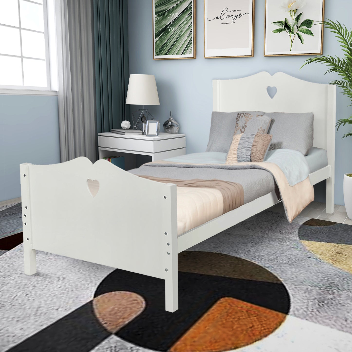 Bed Frame Twin Platform Bed with Wood Slat Support and Headboard and Footboard (White)