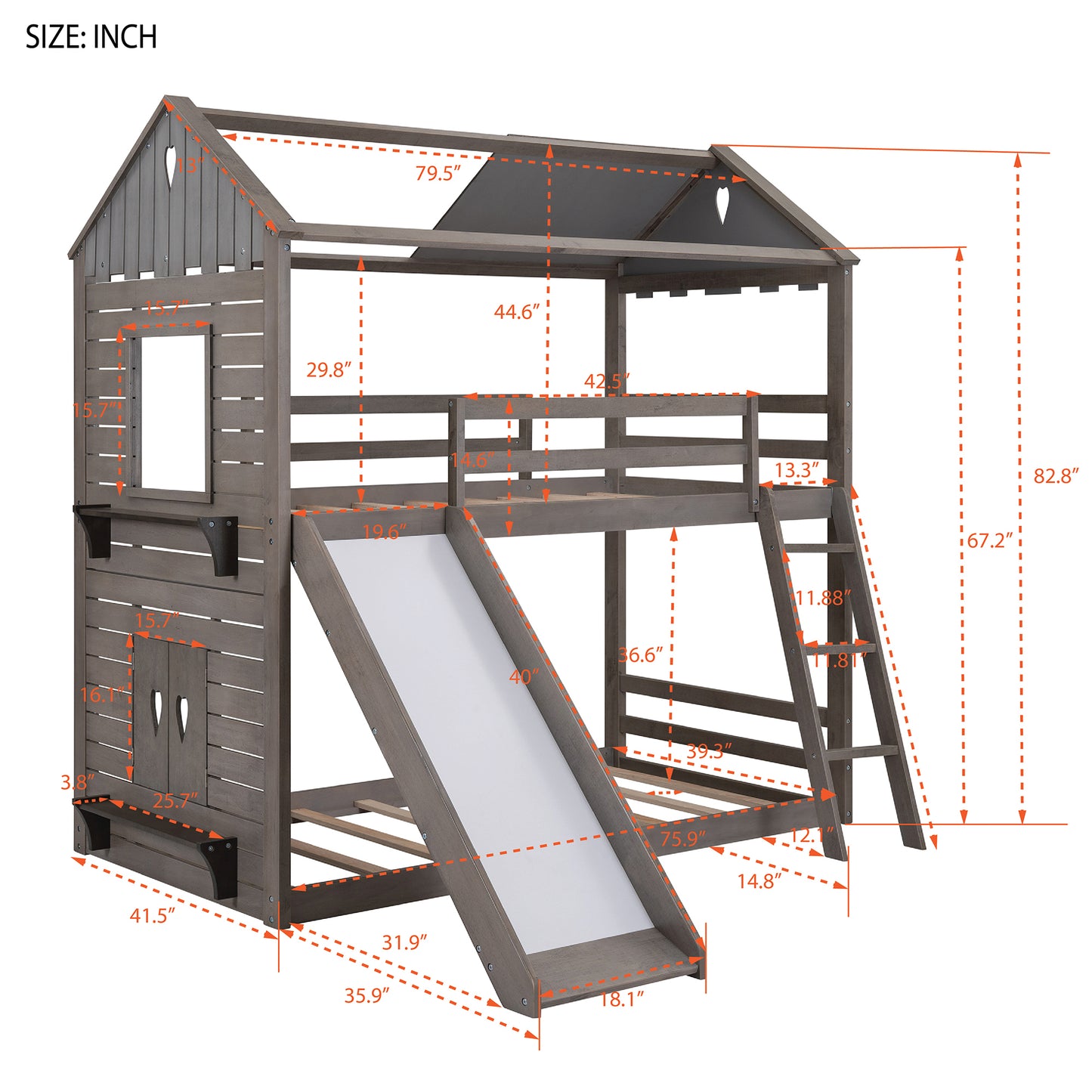 Roof and Window Twin Bunk Bed in Antique Gray Graphite