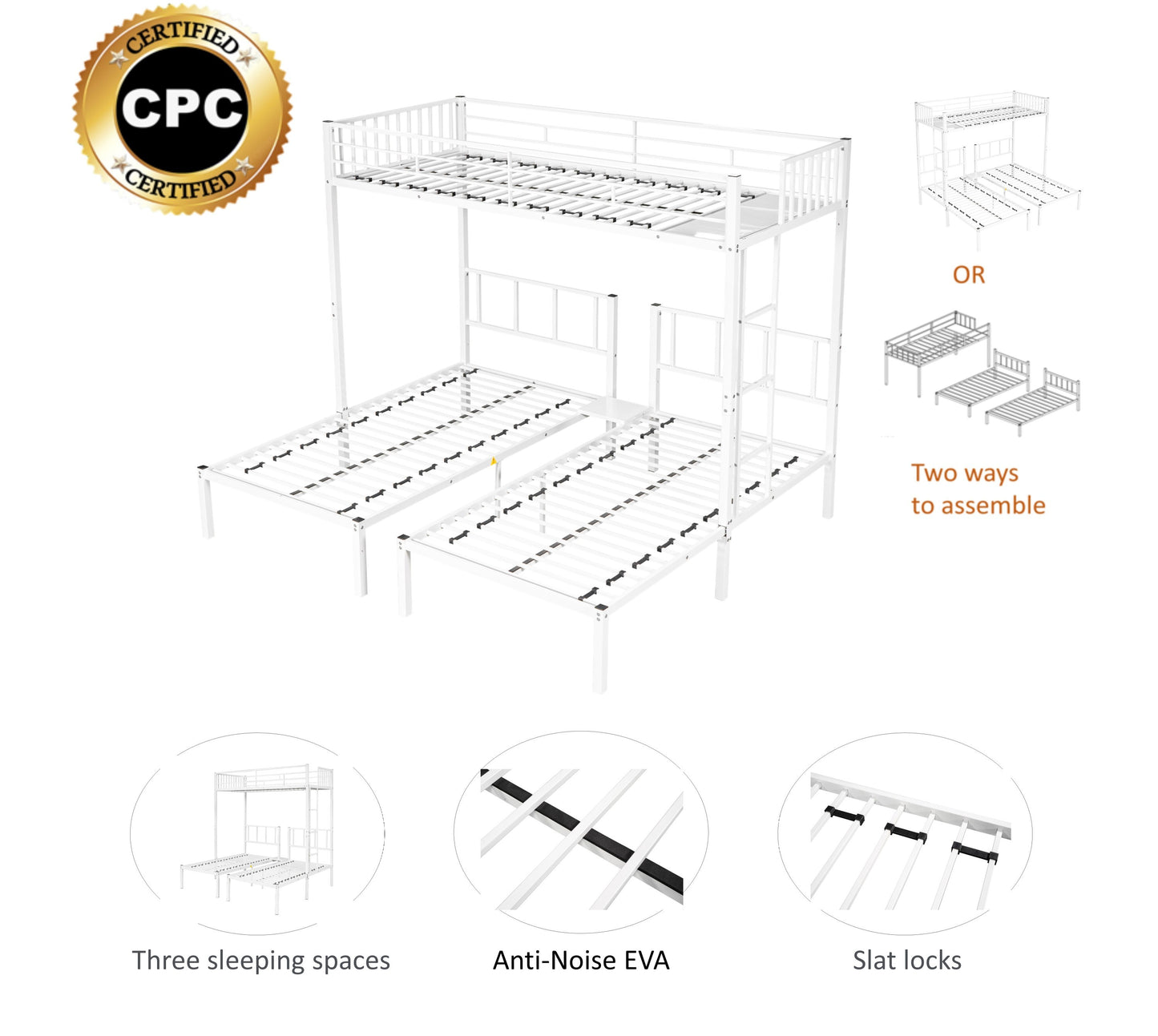 Versatile Steel Triple Bunk Bed with Noise-Reducing Design