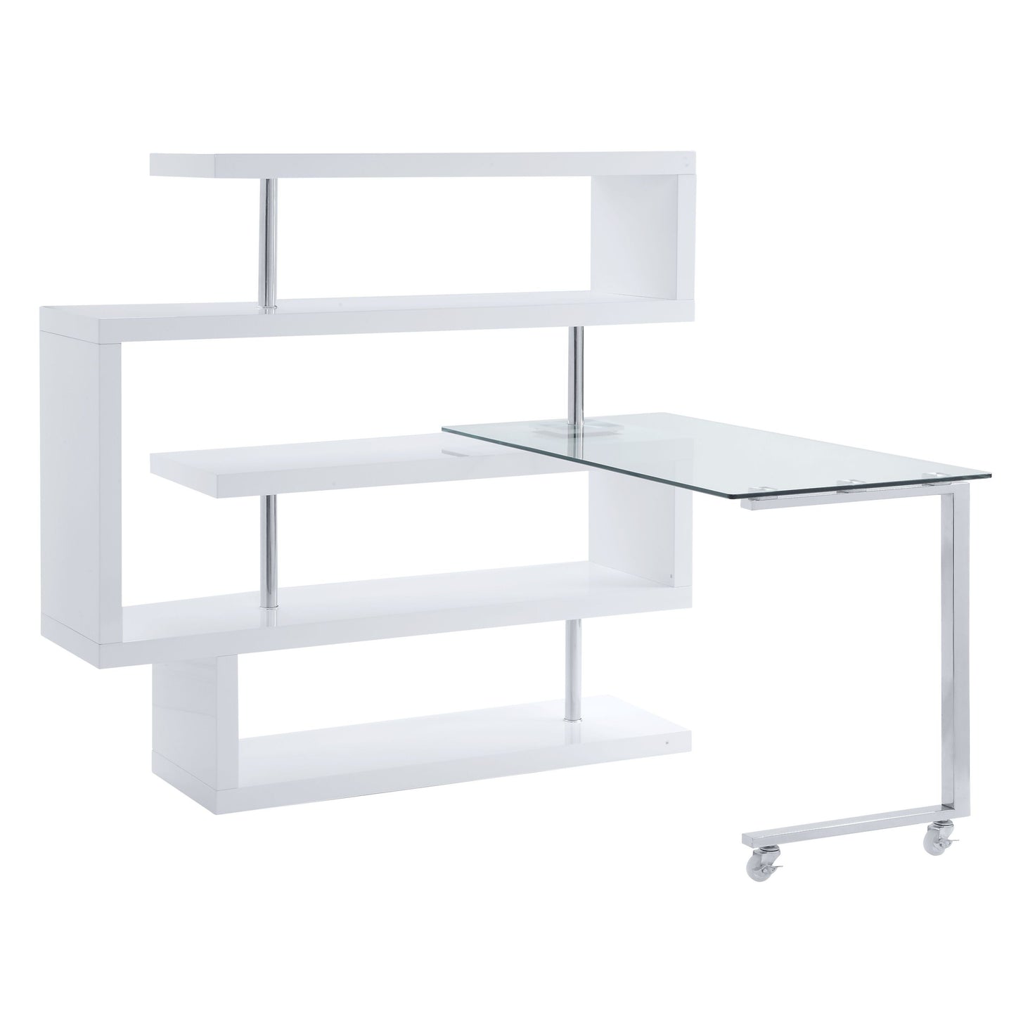 Sleek Clear Glass Writing Desk with Curved Shelf and White & Chrome Finish