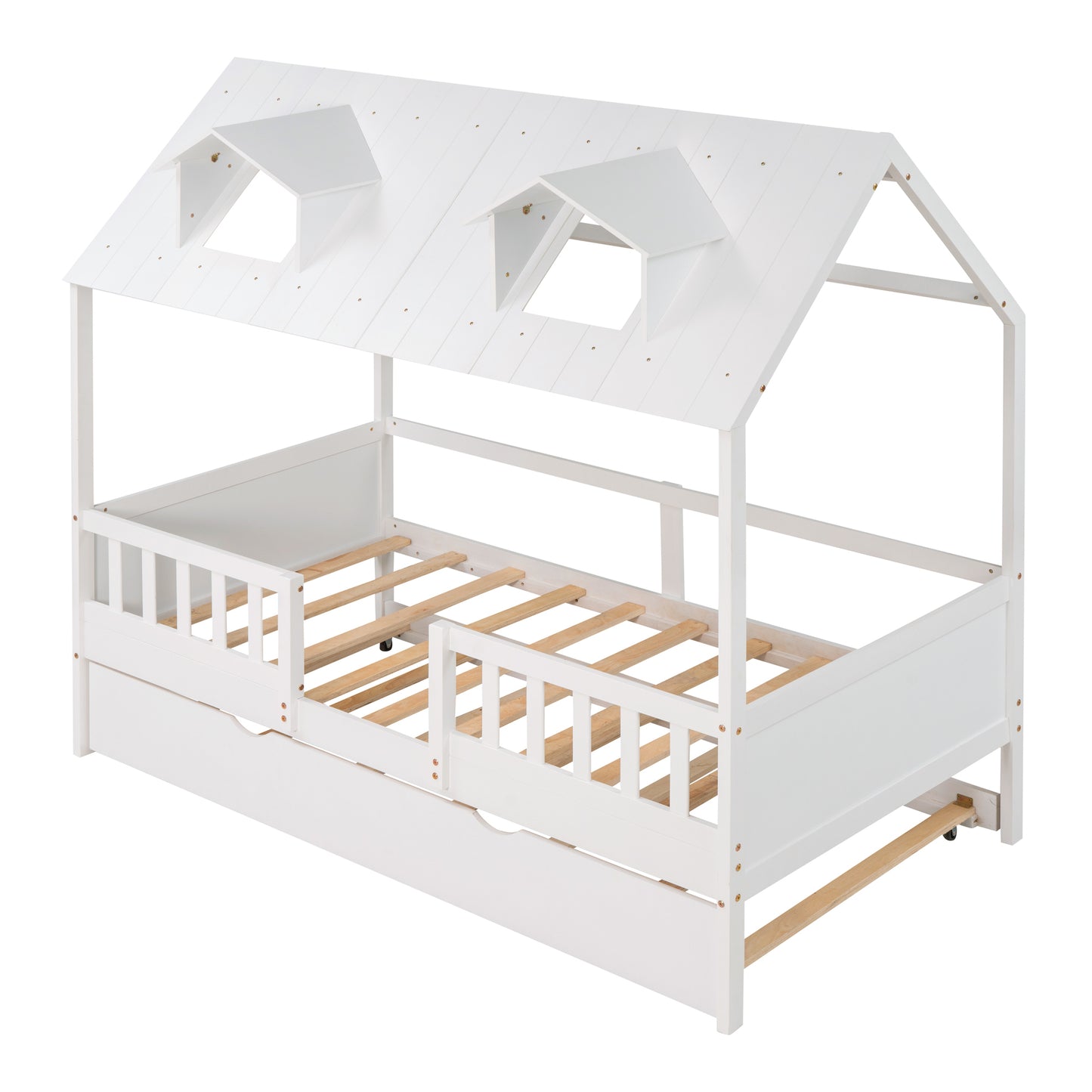 Twin Size House Bed Wood Bed with Twin Size Trundle ( White )