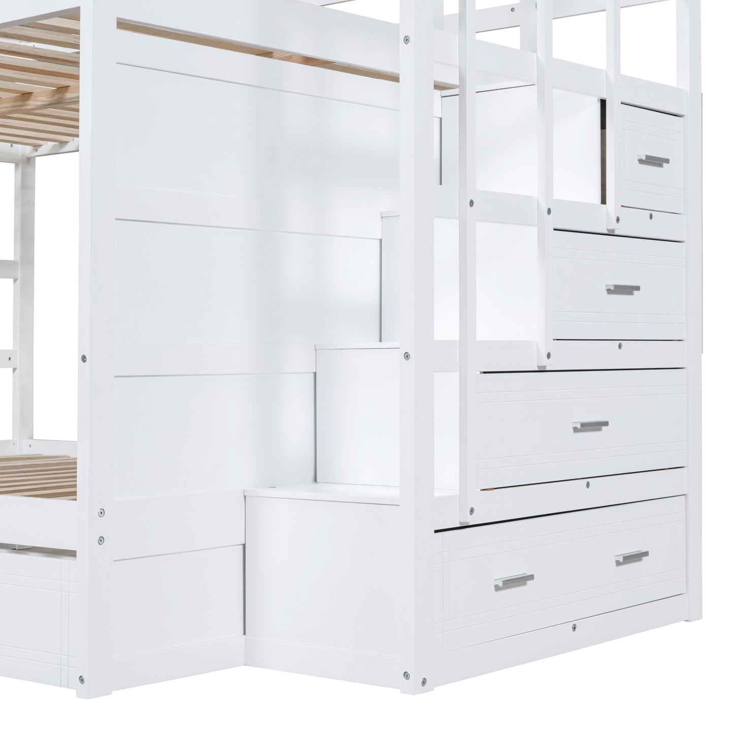 White Full-Over-Full Bunk Bed with Staircase and Trundle