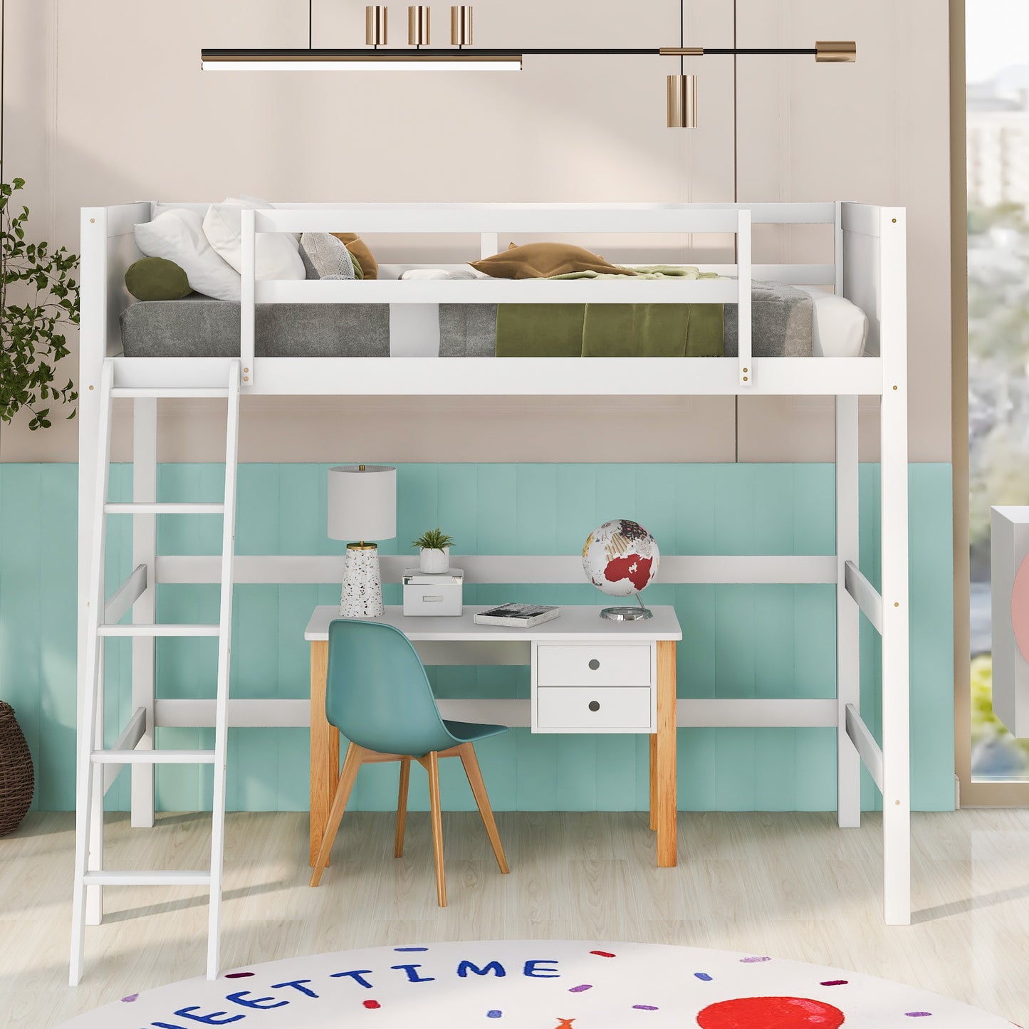 Solid Wood Twin Size Loft Bed with Ladder(White)(: WF191903AAK)