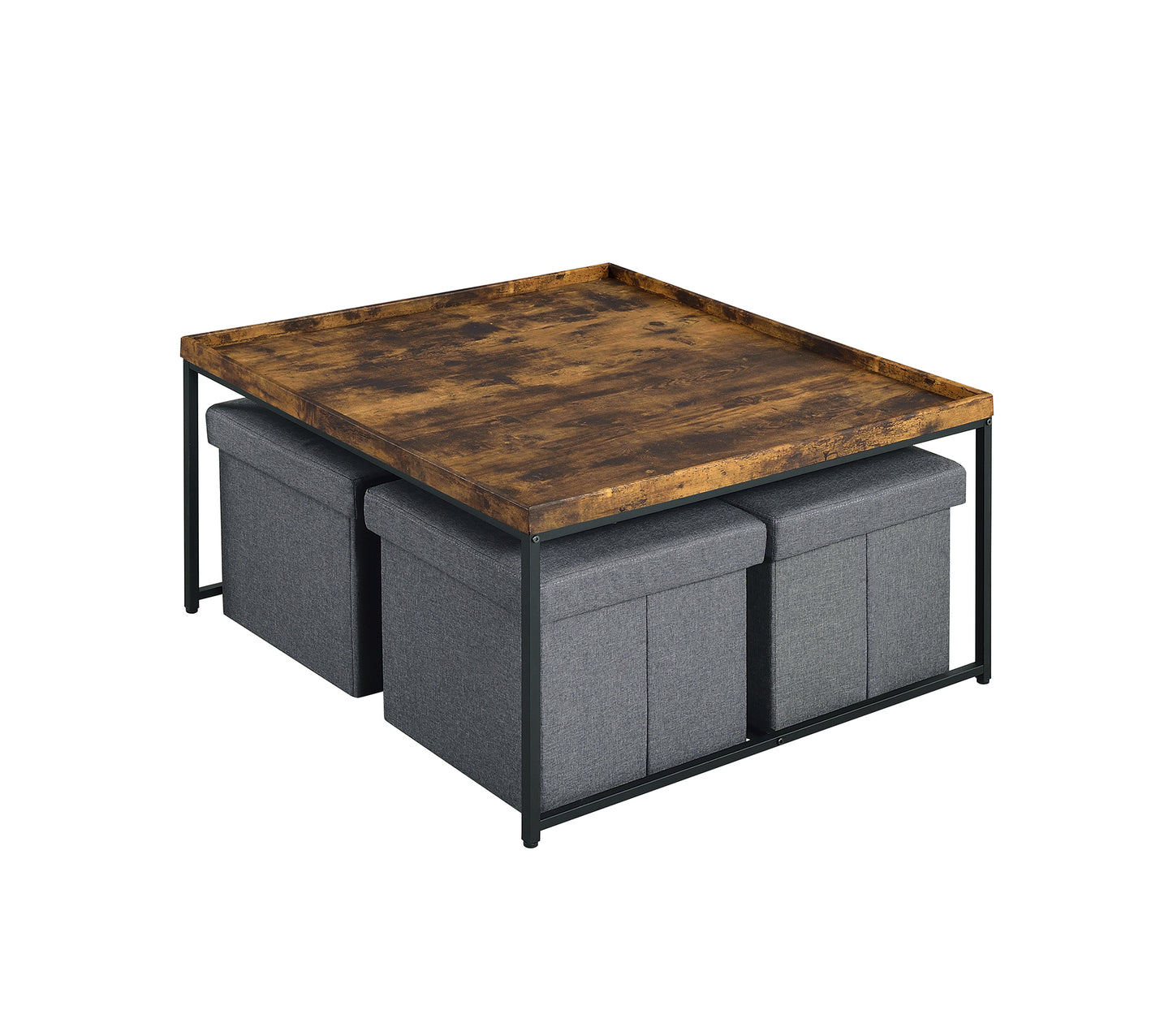 Vinny 5-Piece Weathered Oak Coffee Table Set with Storage Stools