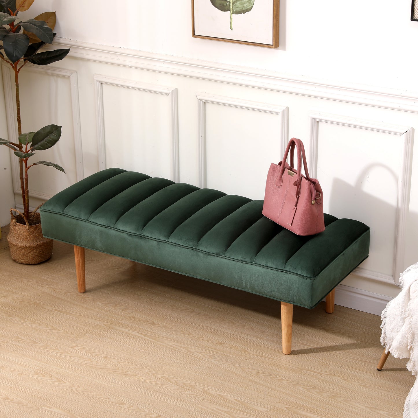 Accent Channel Tufted Ottoman Green Velvet End of Bed Bench for Bedroom, Living Room, Entryway (Green)