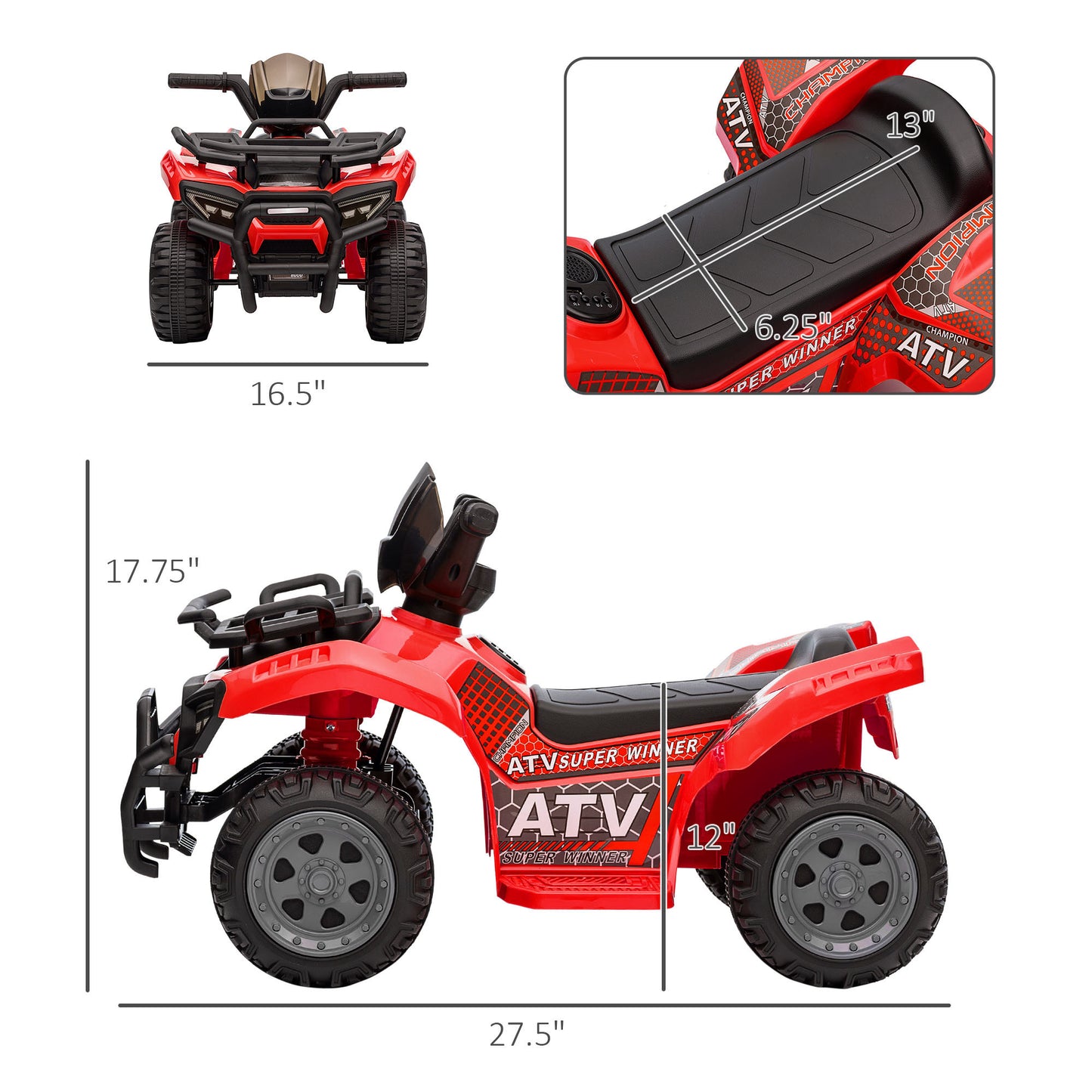 Kids Red 6V Battery Powered Ride-on ATV Four Wheeler Car with Music for 18-36 Months