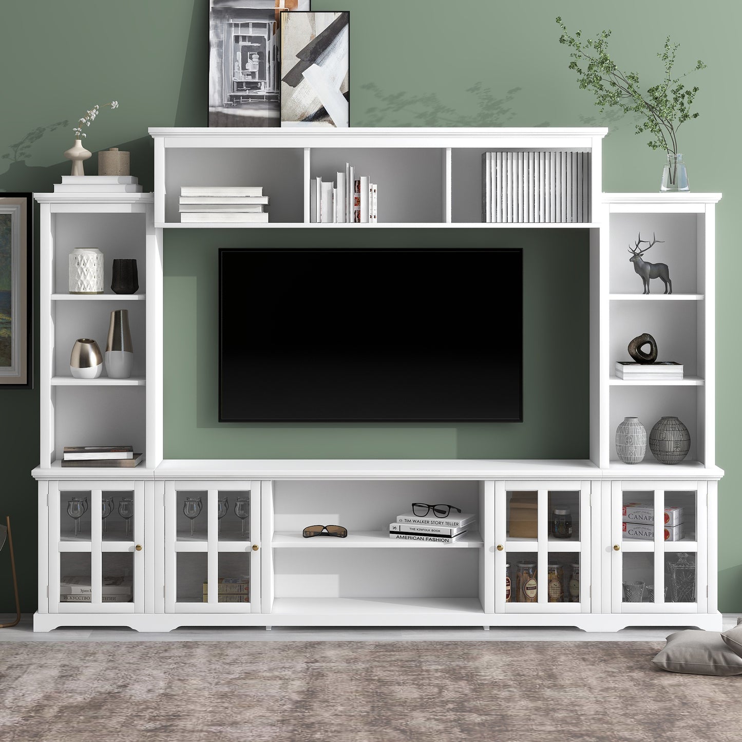 Modern White Entertainment Wall Unit with Bridge and Tempered Glass Door for TVs Up to 70