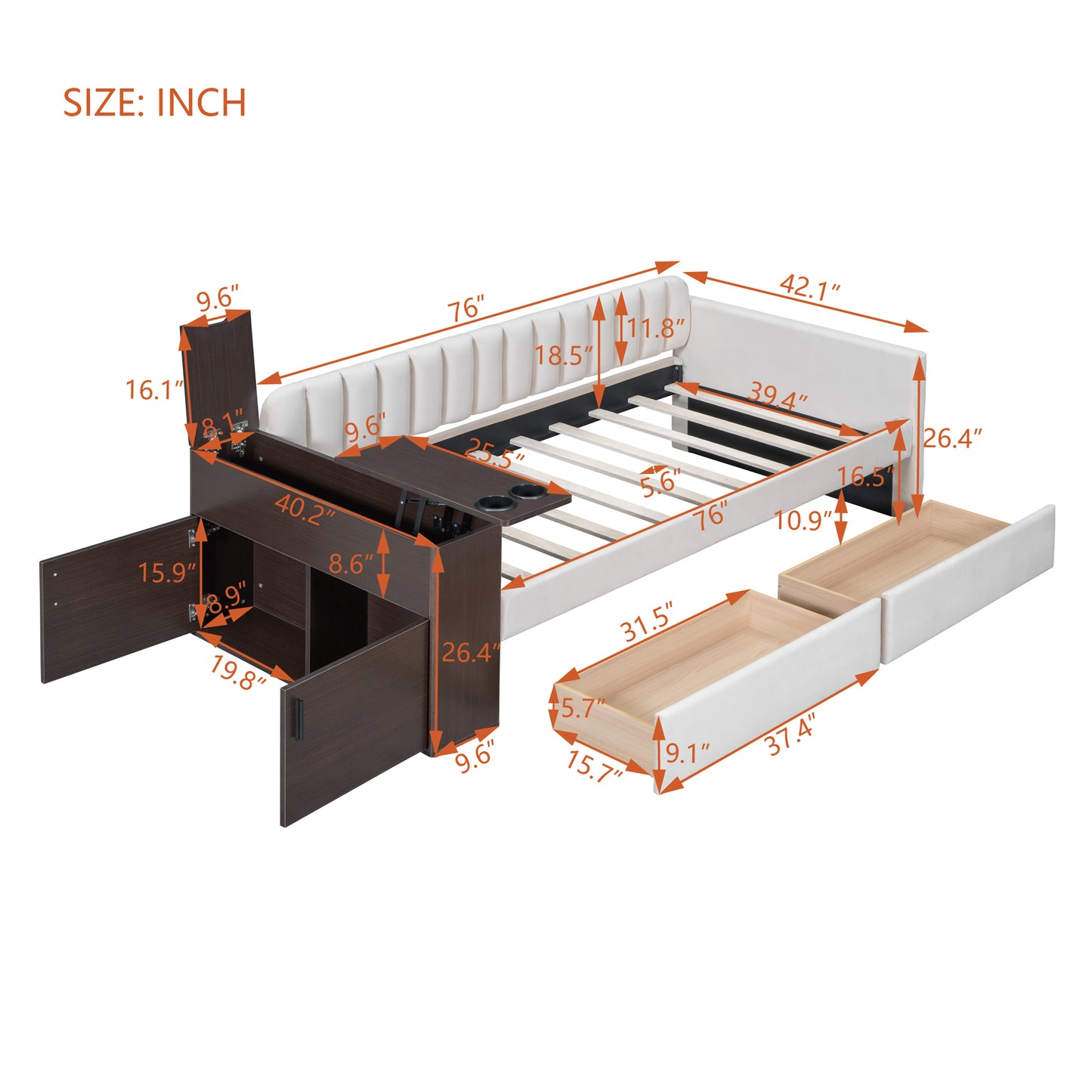 Twin Size Upholstered Daybed with Storage Armrest and 2 Drawers, Multi-functional Daybed with Cup Holder and a set of USB Ports and Sockets, Beige