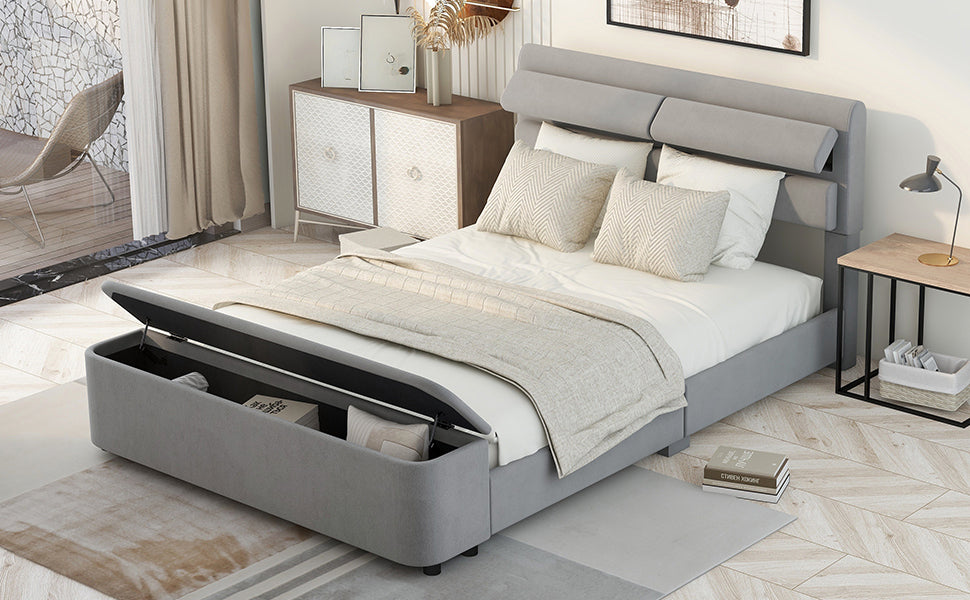 Full Size Upholstery Platform Bed with Storage Headboard and Footboard,Support Legs,Grey