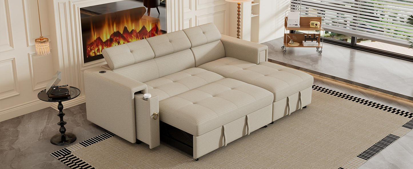 L-Shaped Sectional Sofa with Hidden Storage, Adjustable Headrest, Wireless Charging, and Cup Holders