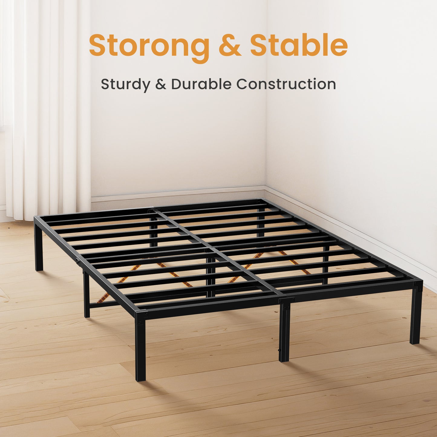 14 Inch Black King Bed Frame No Box Spring Needed,  Metal Bed Frame with Solid Structure, Noiseless, Easy to install, and Sufficient Storage Space Under the Bed