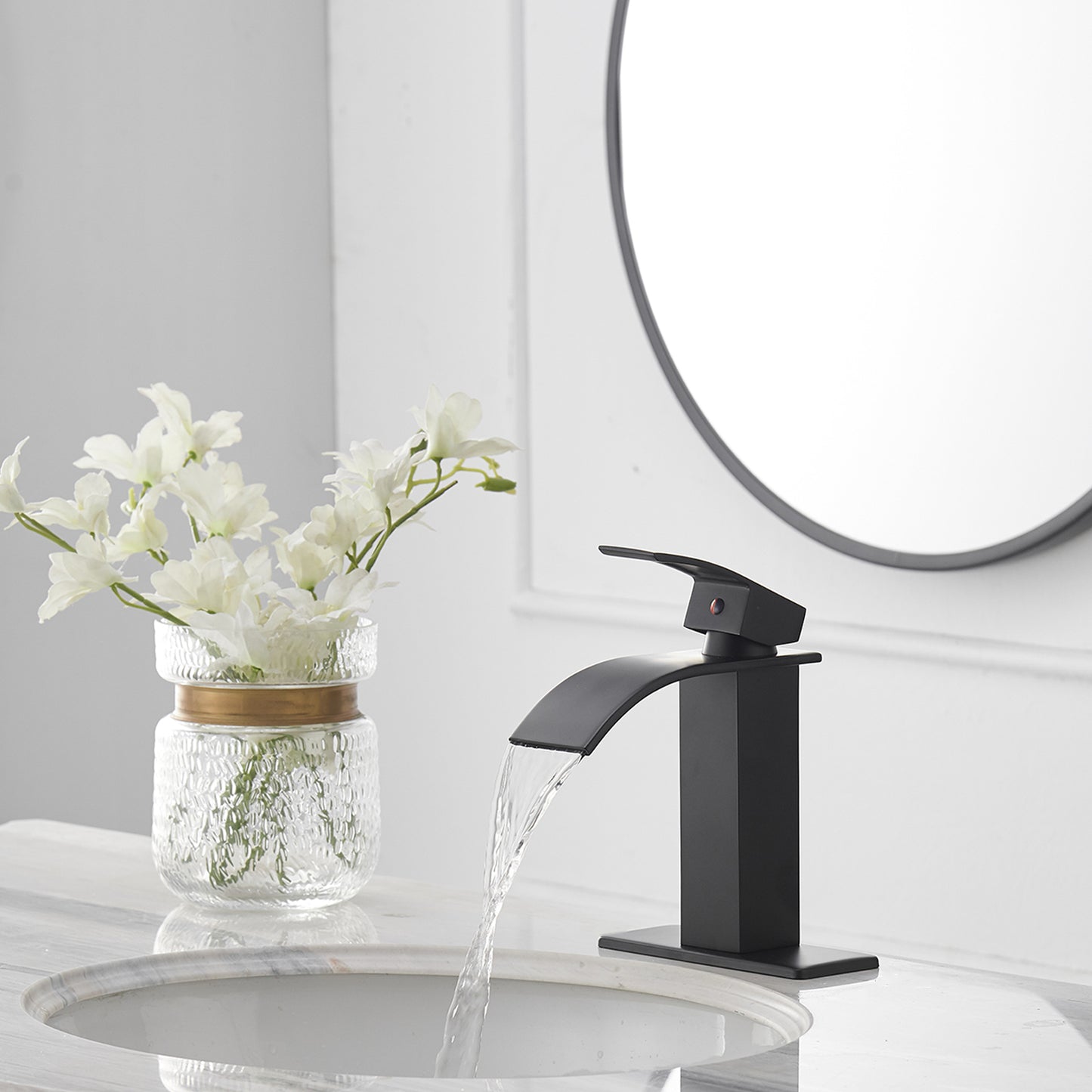 Matte Black Single-Handle Waterfall Bathroom Faucet with Supply Line - Low-Arc