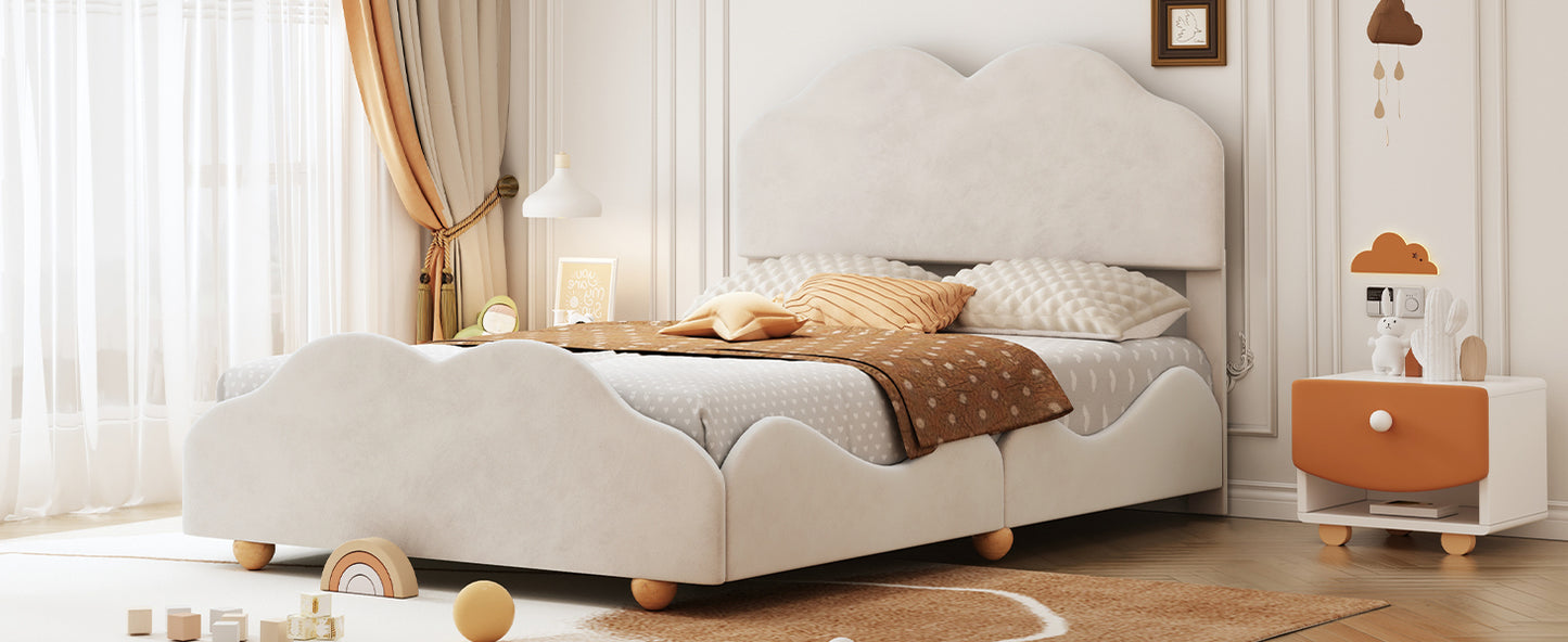 Full Size Upholstered Platform Bed with Cloud Shaped bed board, Beige