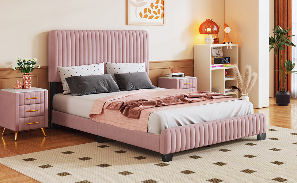 Full Size Upholstered Platform Bed,No Box Spring Needed, Velvet Fabric,Pink