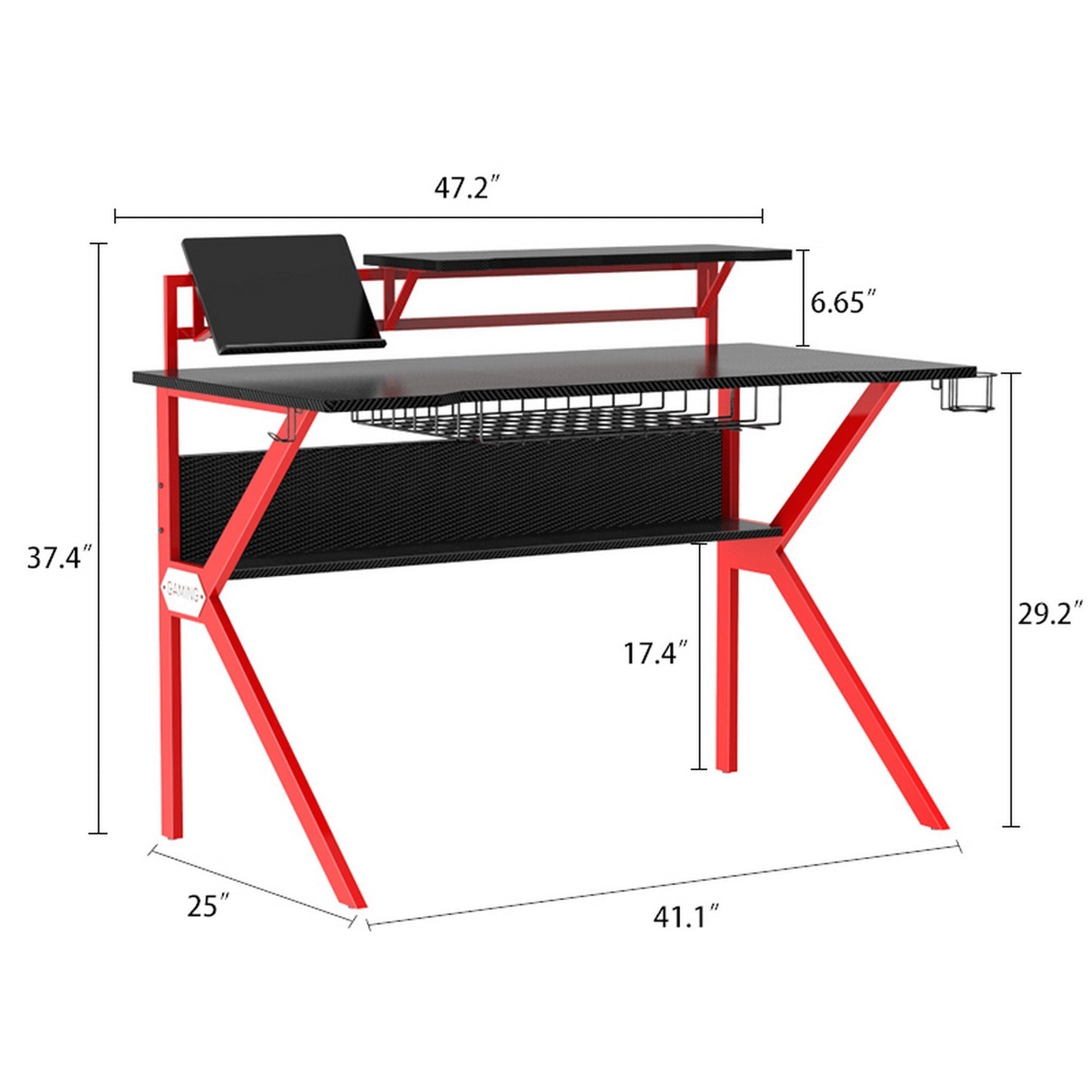 Ergonomic Gaming Desk with Black and Red Metal Frame and PVC Coating