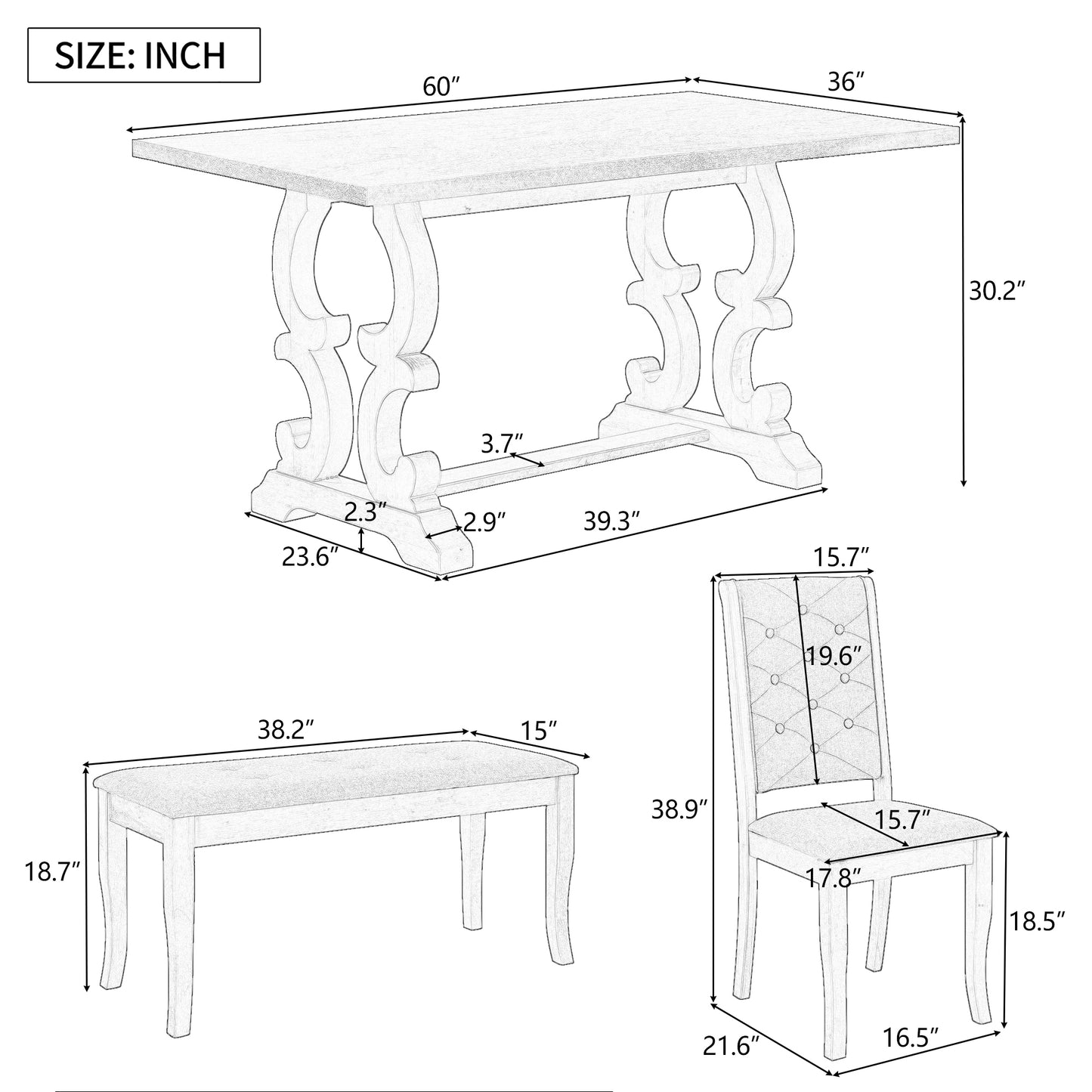 TREXM 6-Piece Retro Dining Set with Unique-designed Table Legs and Foam-covered Seat Backs&Cushions for Dining Room (Antique Grey)