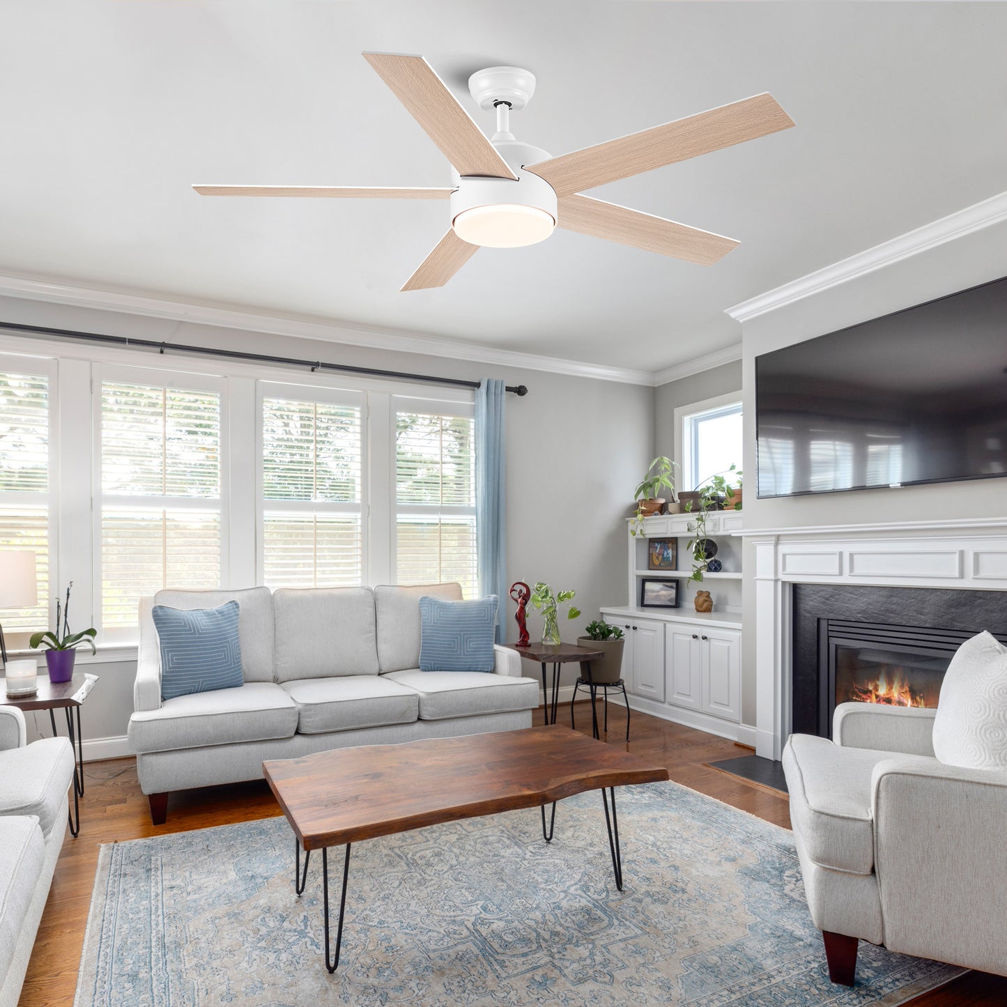 52 Inch Ceiling Fan with Integrated LED Light and White ABS Blades