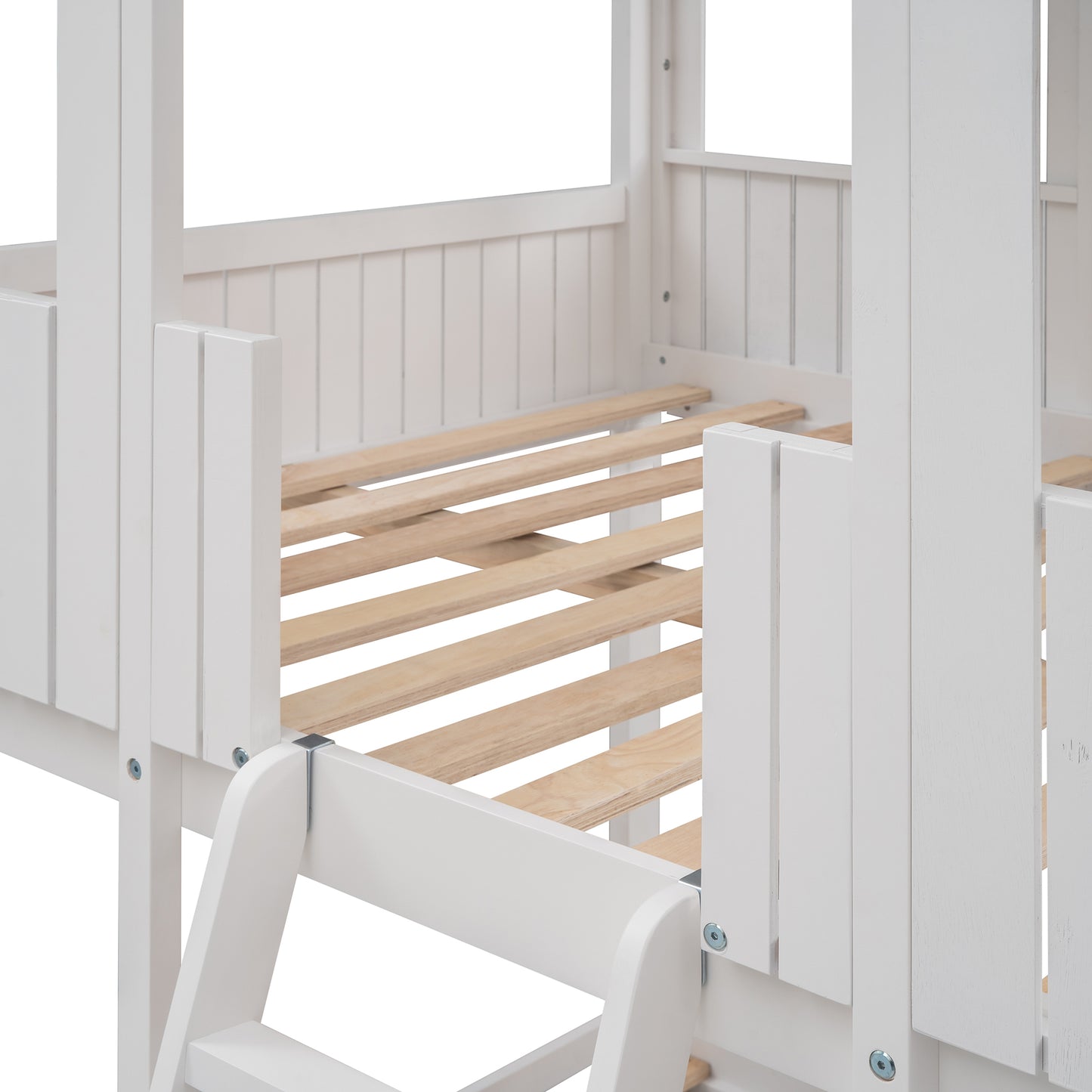 White Full Over Full Wood Bunk Bed with Playful Playhouse Design