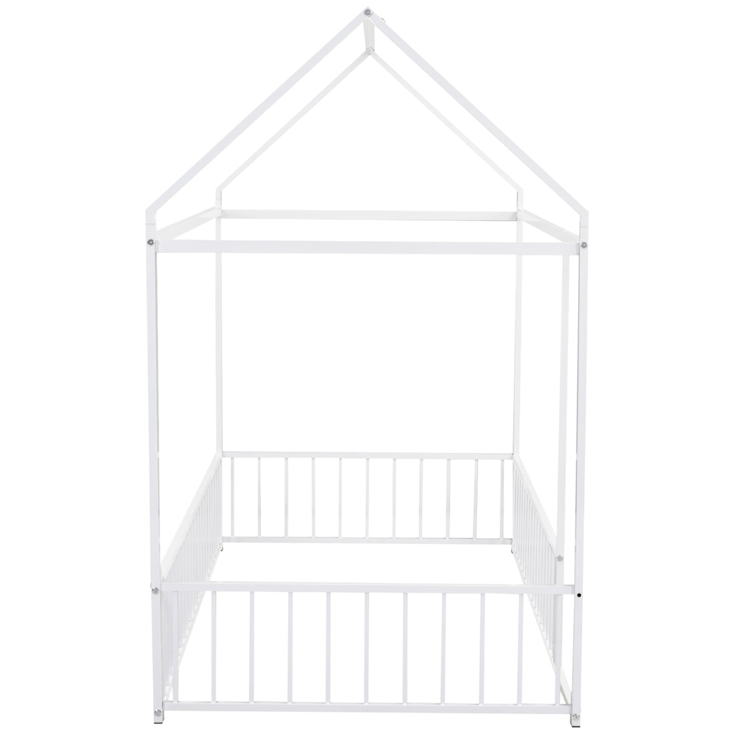 Twin Size Metal Bed House Bed Frame with Fence, for Kids, Teens, Girls, Boys, White