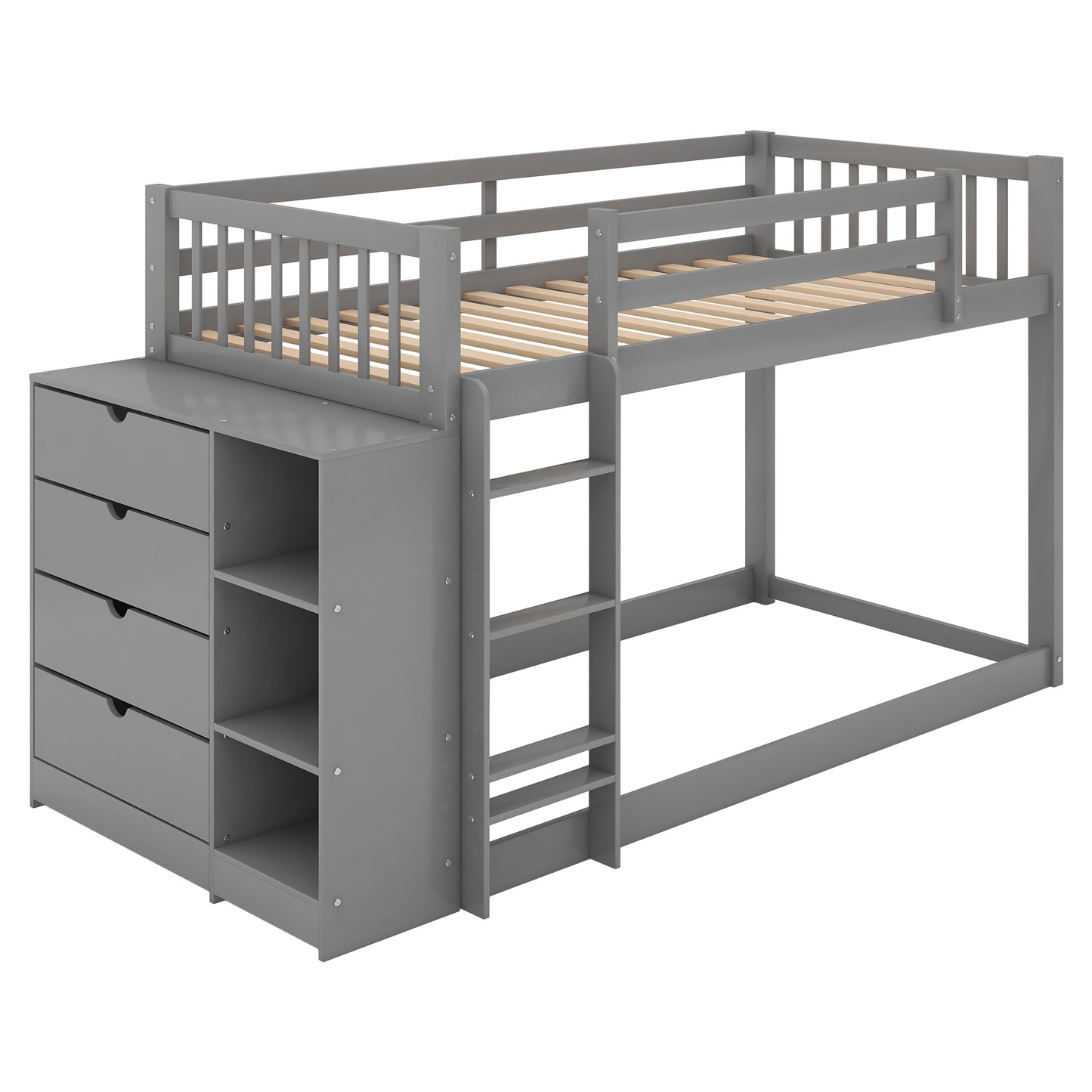 Gray Space-Saving Twin Bunk Bed with Storage Cabinet and Shelves