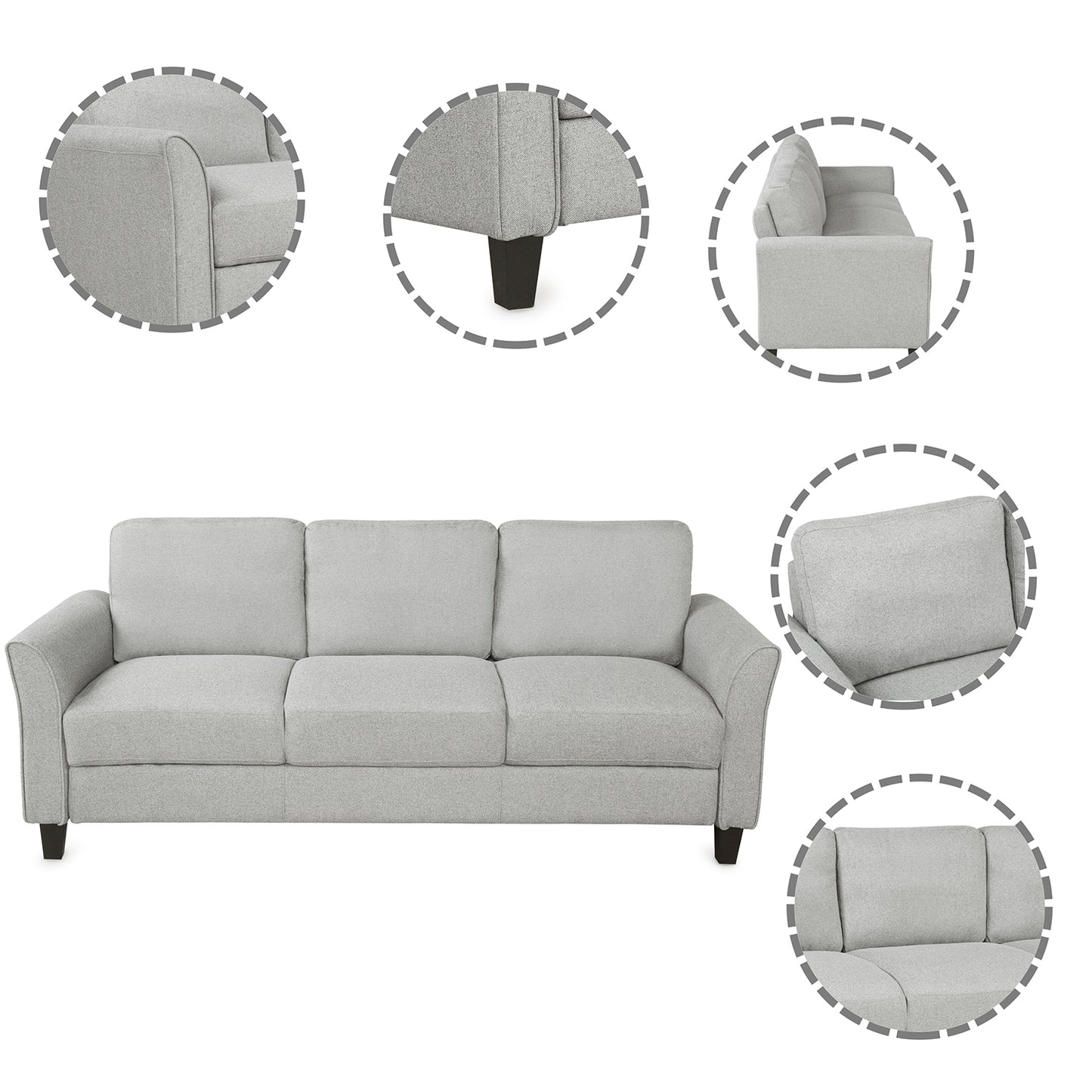 Elegant Light Gray 3-Seat Linen Fabric Sofa for Living Room