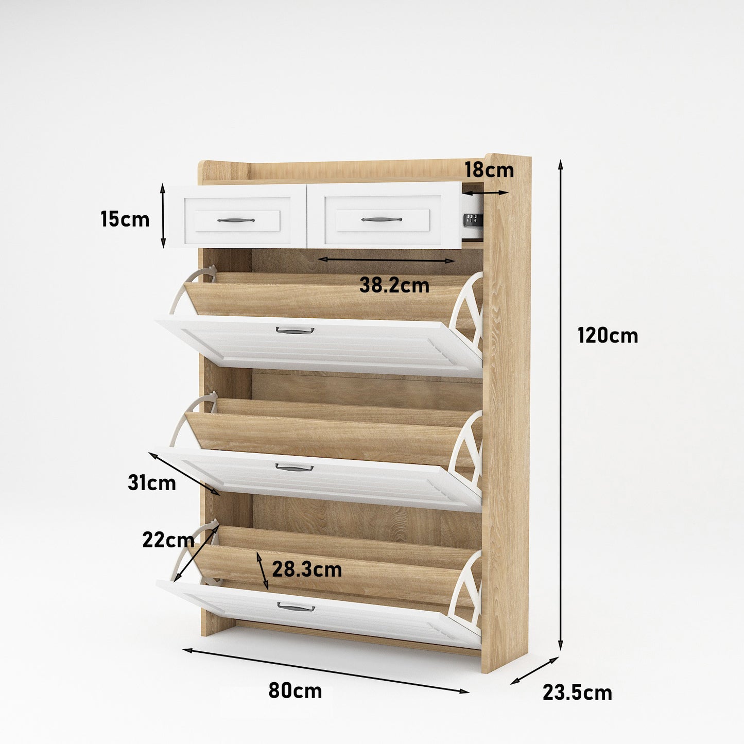 White +Oak Color shoe cabinet  with 3 doors 2 drawers,PVC door with shape ,large space for storage