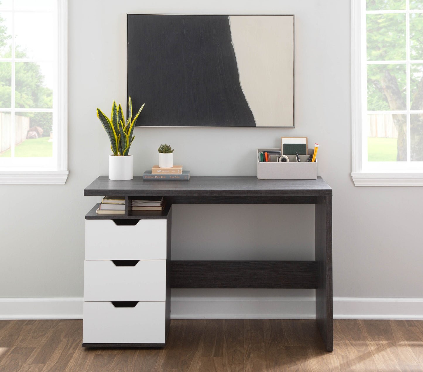 LumiSource Quinn Modern Charcoal Wood Desk with White Drawers