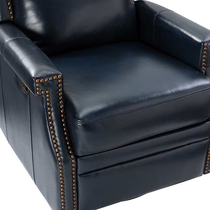 Navy Genuine Leather Swivel Rocker Recliner with Nailhead Trim