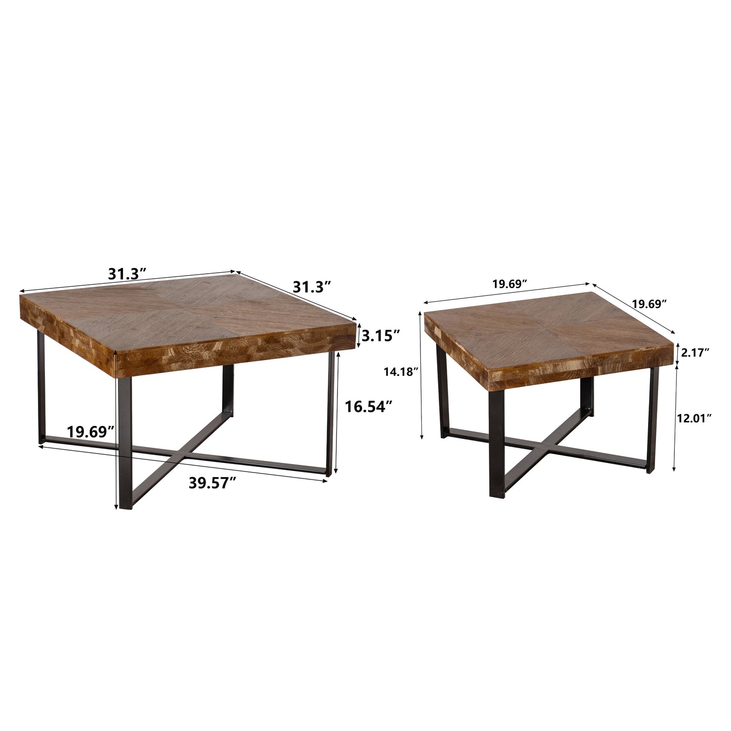 Modern Retro Fir Wood Coffee Table Set - Square Design with Cross Legs Metal Base