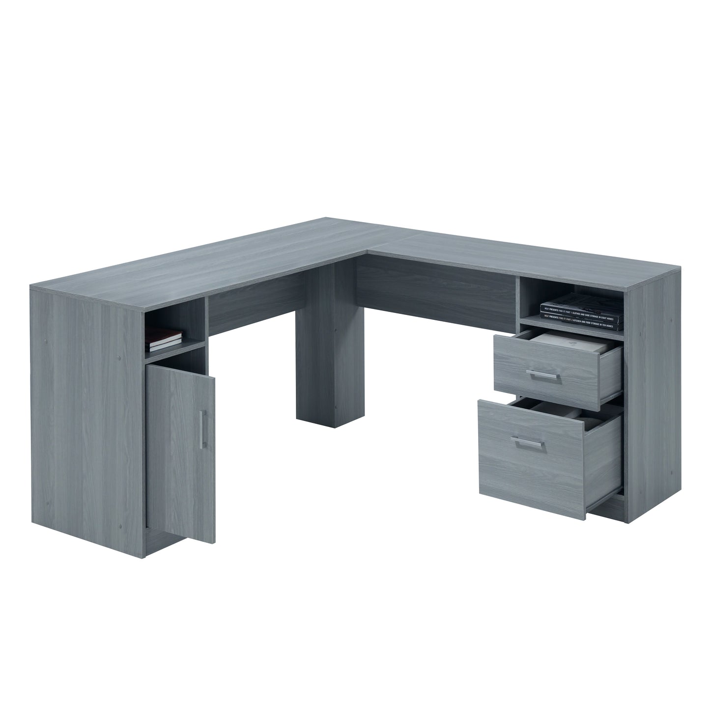 Functional Grey L-Shaped Desk with Storage