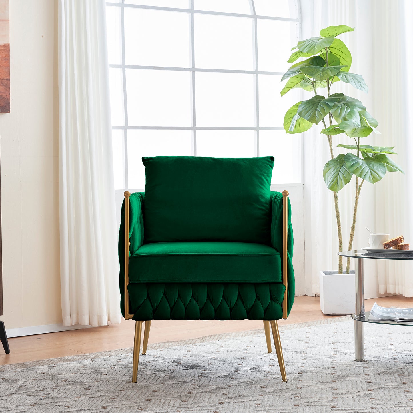 Modern Comfy Handmade Bucket Woven Velvet Accent Chair Arm Chair, Fluffy Tufted Upholstered Single Sofa Chair for Living Room, Bedroom, Office, Waiting Room , Green Velvet