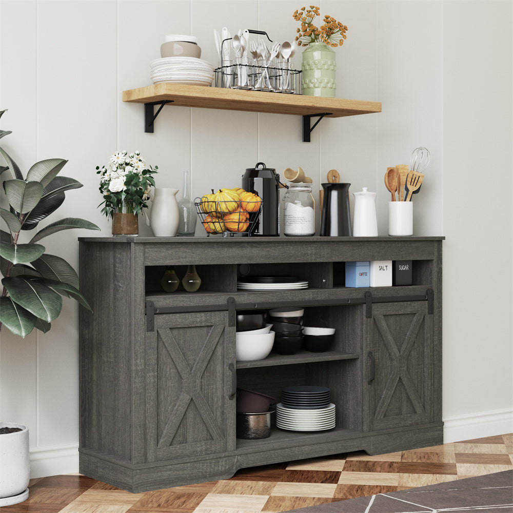 Rustic Gray Farmhouse TV Stand with Movable Barn Door Storage Cabinet