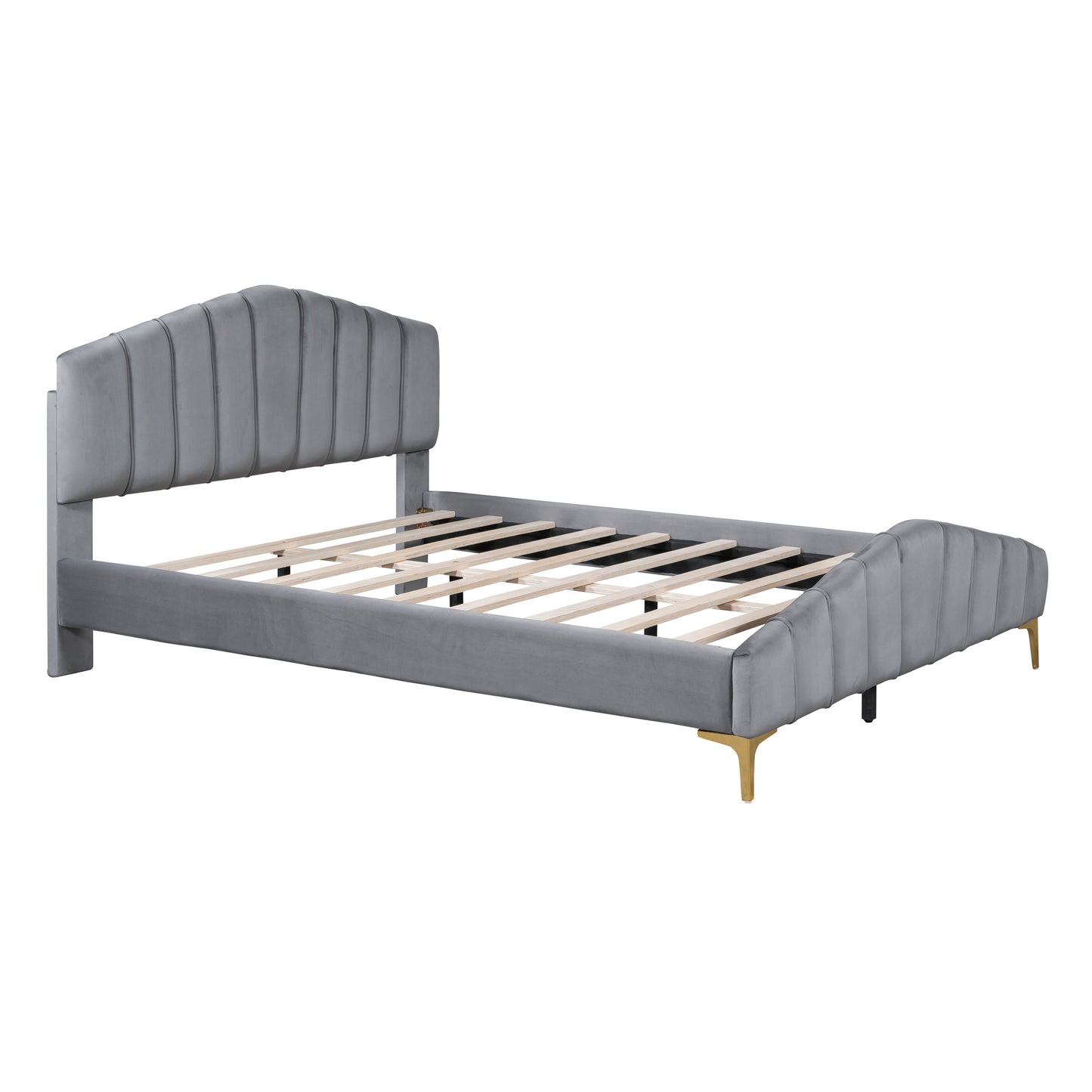 Queen Size Velvet Platform Bed with Thick Fabric, Stylish Stripe Decorated Bedboard and Elegant Metal Bed Leg, Gray