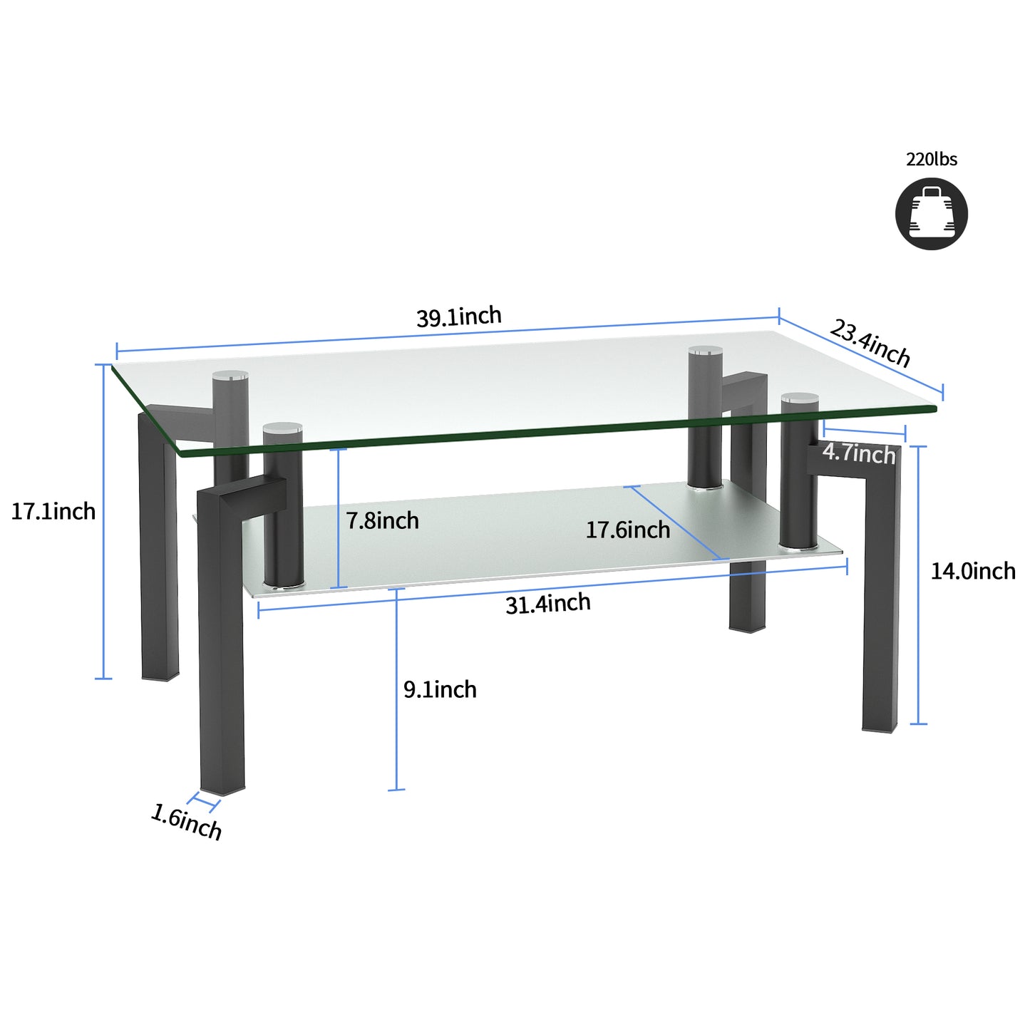 Modern Black Glass Coffee Table with Double Layer Storage