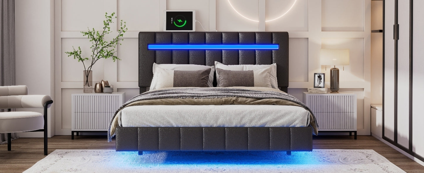 Full Size Floating Bed Frame with LED Lights and USB Charging,Modern Upholstered Platform LED Bed Frame,Black(Full)