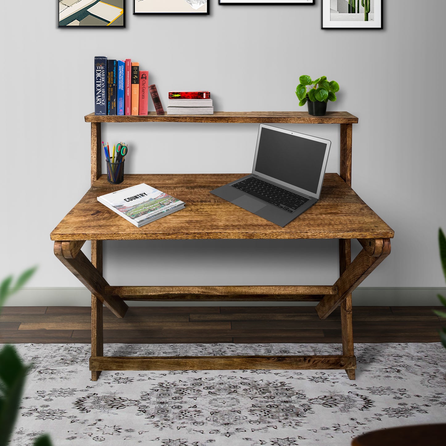 Foldable Mango Wood Desk with Top Shelf, X-Shaped Frame - 42 inches