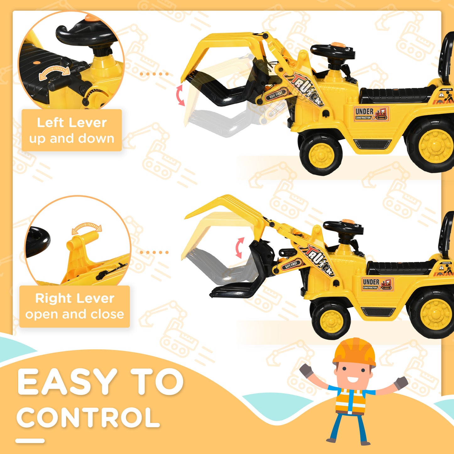 Kids Excavator Ride-on Pulling Cart with Sound Effects and Under-Seat Storage