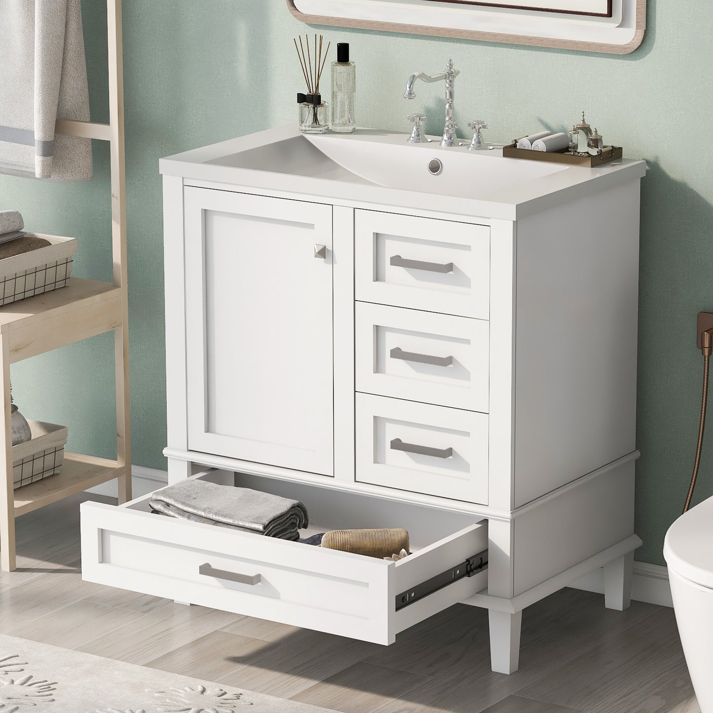 30" Bathroom Vanity , Modern Bathroom Cabinet with Sink Combo Set, Bathroom Storage Cabinet with a Soft Closing Door and 3 Drawers, Solid Wood Frame(White)