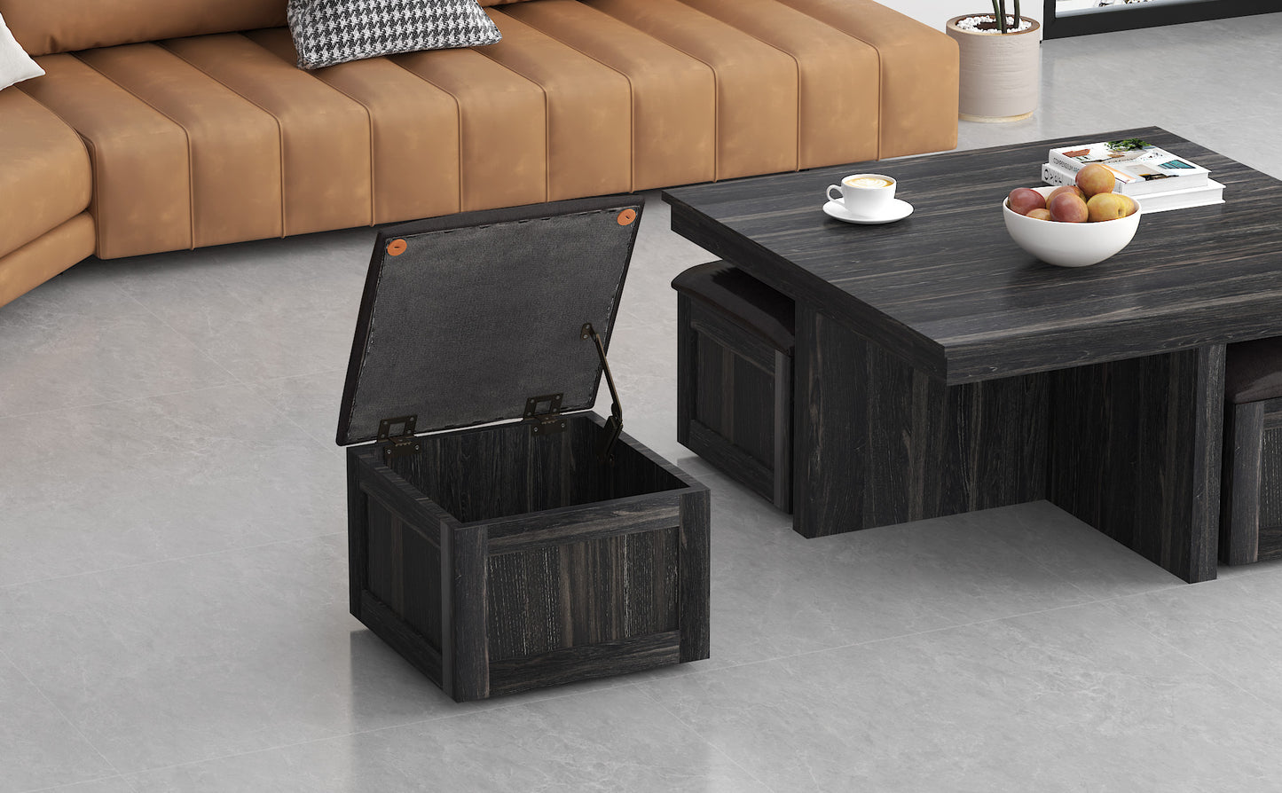 Versatile Coffee Table Set with 4 Storage Stools and Space-Saving Design