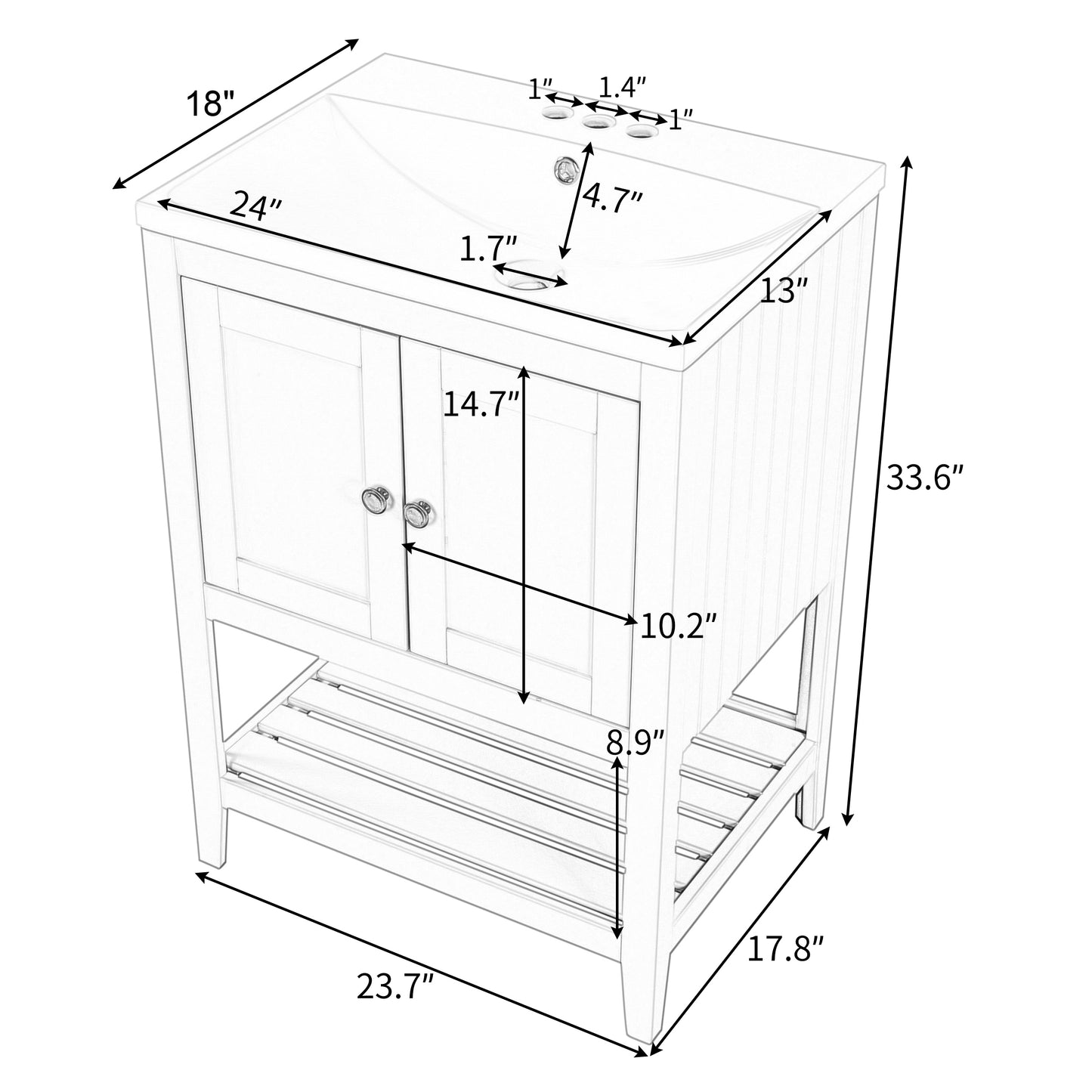 24" White Modern Sleek Bathroom Vanity Elegant Ceramic Sink with Solid Wood Frame Open Style Shelf