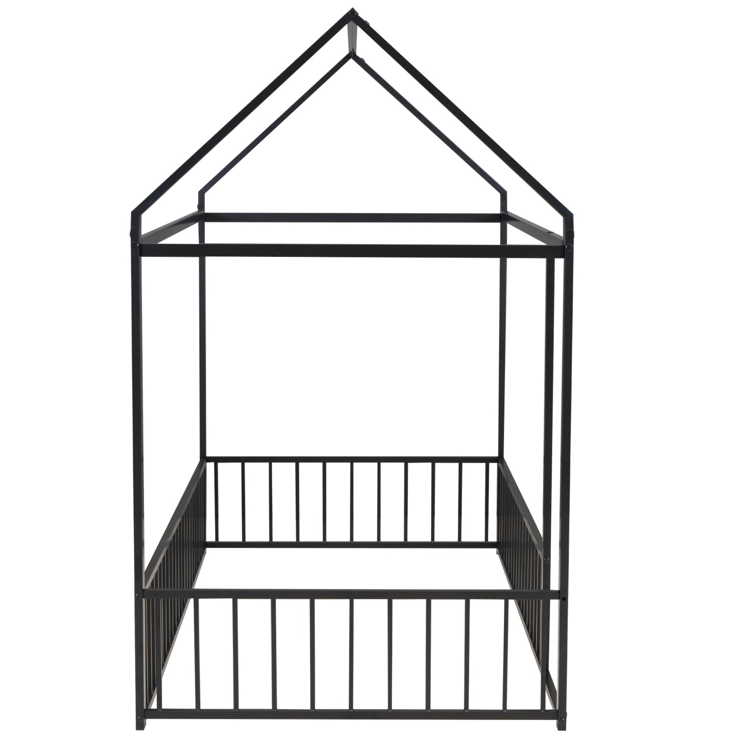 Twin Size Metal Bed House Bed Frame with Fence, for Kids, Teens, Girls, Boys, Black