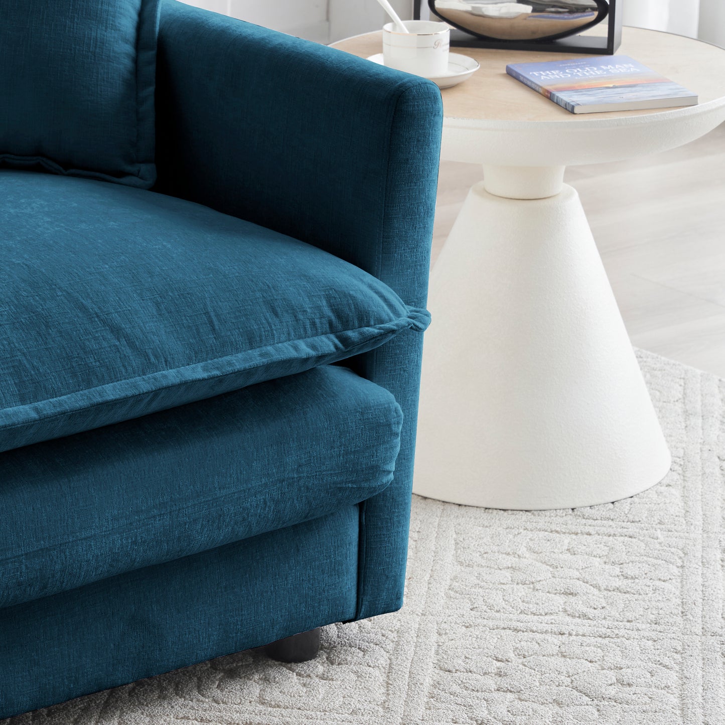 Armless Deep Seat 2 Seater Chenille Fabric Sofa to Combine With Alternative Arms and Single Armless Sofa , Blue Chenille