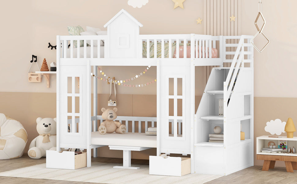 Convertible Twin Bunk Bed with Changeable Table - White - Versatile & Stylish Twin Over Twin Loft Bed