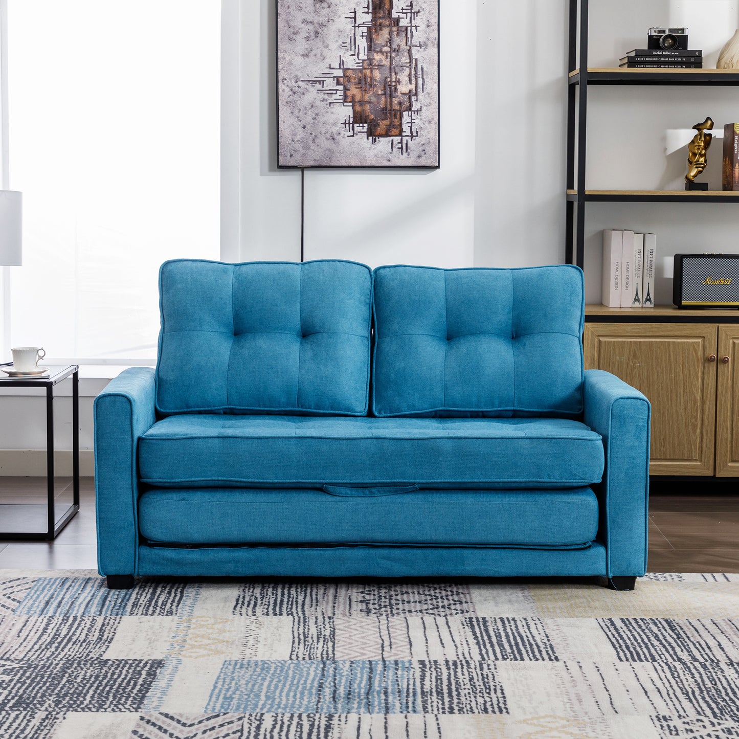 Modern Blue Loveseat Sofa with Pull-Out Bed and Storage Pockets