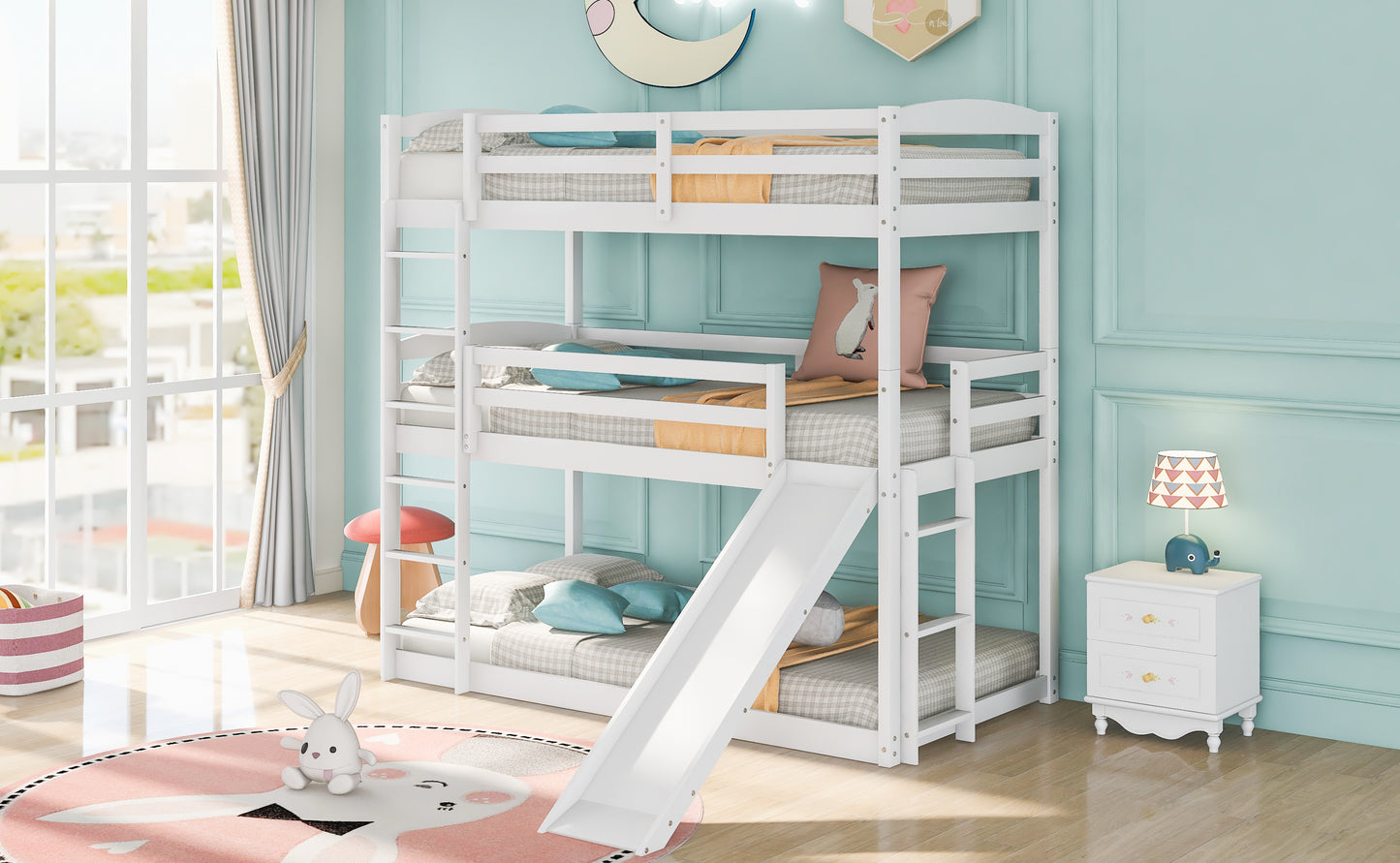 Triple Bunk Bed with Ladder, Slide, and Twin-Twin-Twin Design for White Bedroom Fun